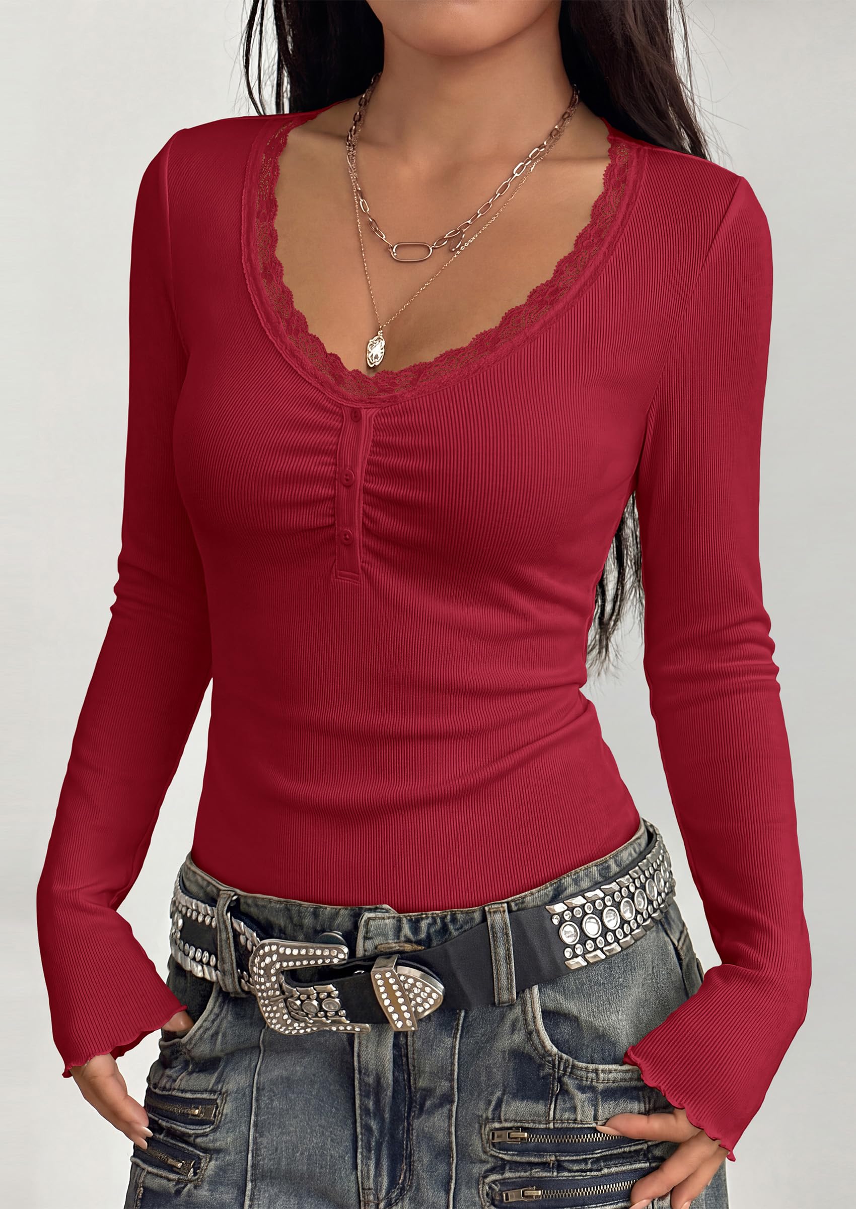 PRETTYGARDEN Womens Fall Long Sleeve Tops Lace Trim V Neck Button Henley Tshirts Slim Fitted Going Out Y2k Basic Shirts 2026