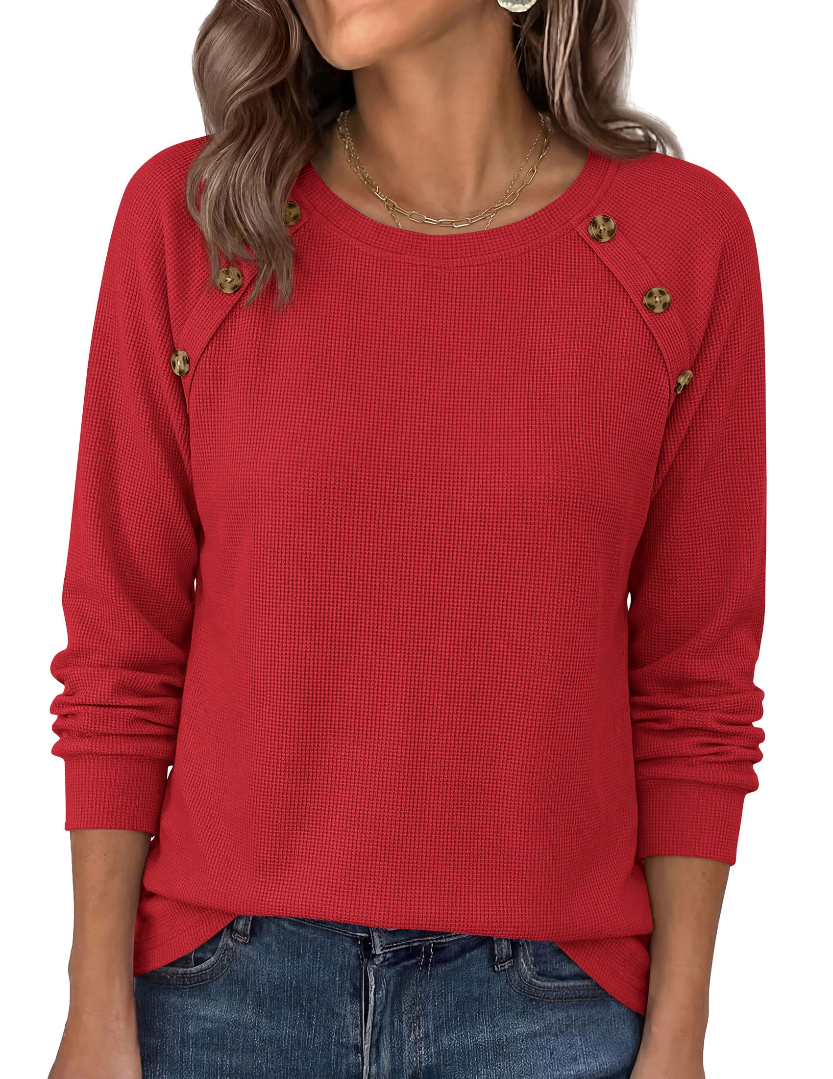PRETTYGARDEN Long Sleeve Shirts for Women Waffle Knit Tops Fall Fashion 2026 Dressy Casual Loose Tunic Blouse Winter Clothing