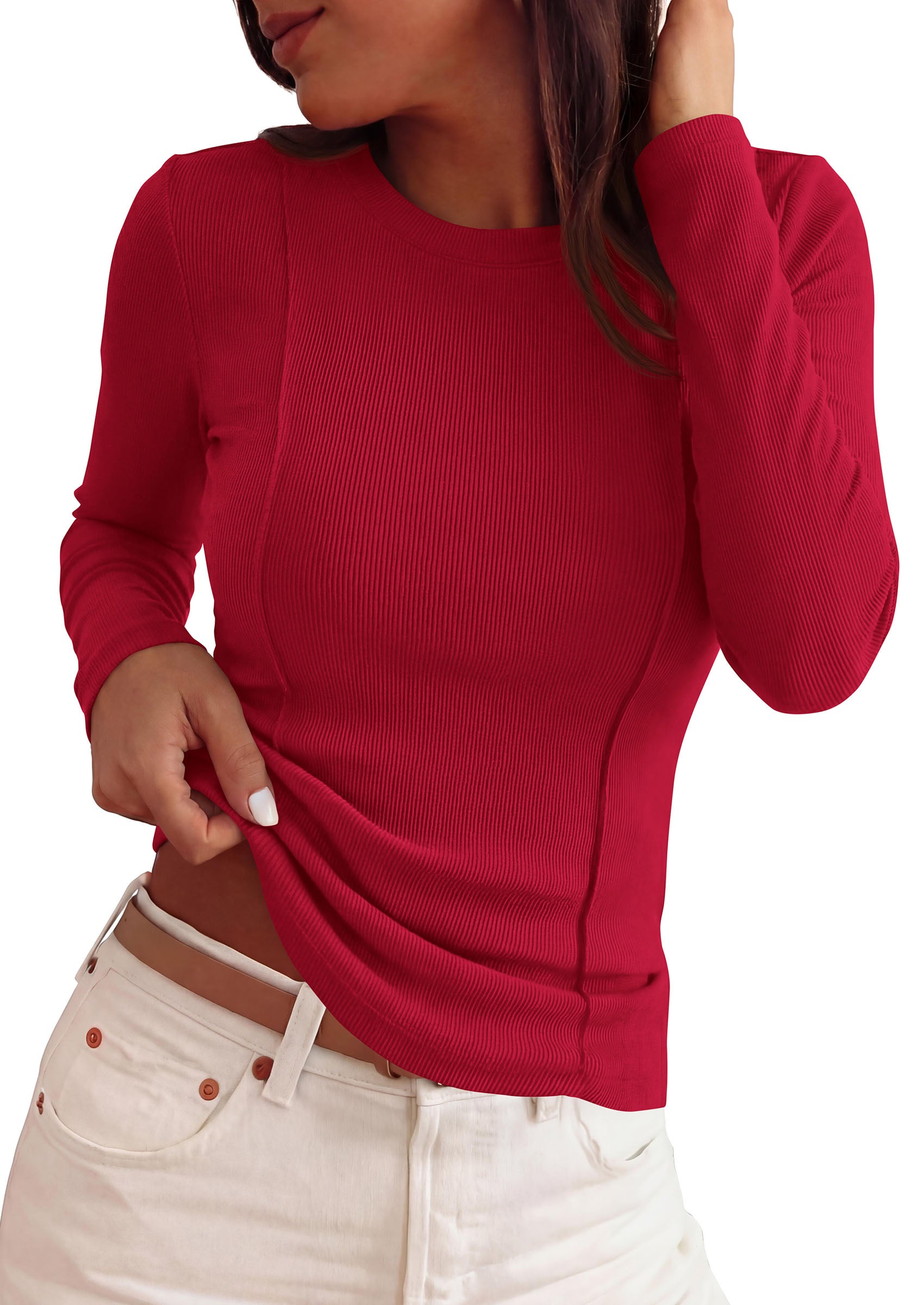 PRETTYGARDEN Womens Long Sleeve Shirts Fall Ribbed Basic Tee | Soft Stretchy Slim Fitted Tops, Cute Going Out Y2K Clothes, Daily Wear Business Casual Work Blouses, Trendy Fashion Layering
