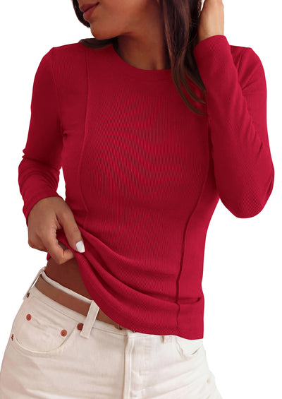 PRETTYGARDEN Womens Long Sleeve Shirts Fall Ribbed Basic Tee | Soft Stretchy Slim Fitted Tops, Cute Going Out Y2K Clothes, Daily Wear Business Casual Work Blouses, Trendy Fashion Layering