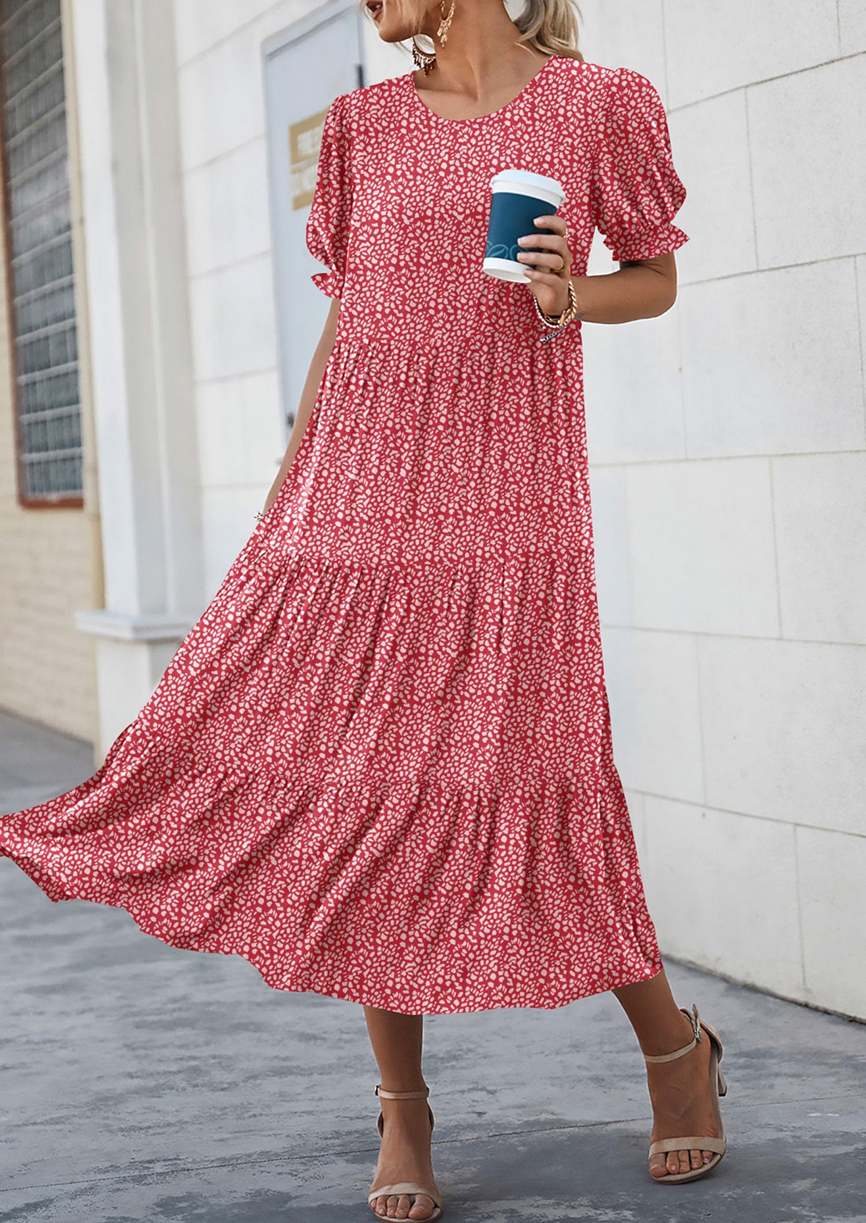 PRETTYGARDEN Women's Summer Casual Floral Boho Dress Puff Short Sleeve Ruffle Flowy Beach Party Midi Dresses