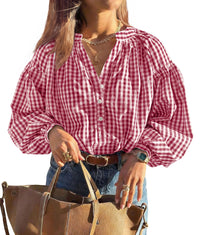 PRETTYGARDEN Women Fall Plaid Long Puff Sleeve Shirts V Neck Casual Blouses  Gingham Button Down Oversized, Pleated Drop Shoulder Cotton Tops, Dressy Casual, Work Vacation Travel, Fall Outfits Trendy