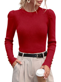 PRETTYGARDEN Womens Fall Sweaters Crewneck Puff Sleeve Button Cuff Ribbed Knit Cozy Pullover Sweater Slim Fit Tops Trendy
