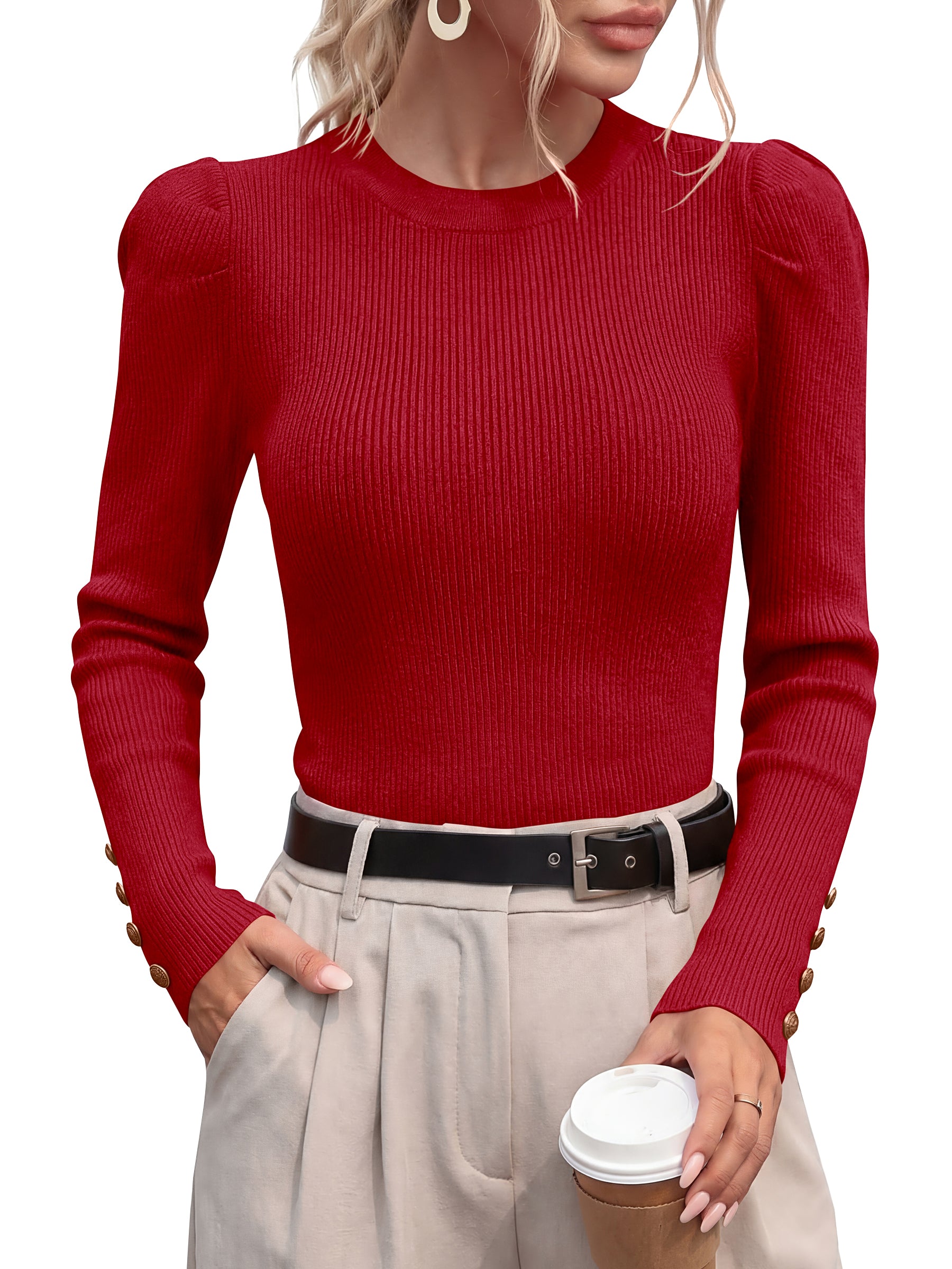 PRETTYGARDEN Womens Fall Sweaters Crewneck Puff Sleeve Button Cuff Ribbed Knit Cozy Pullover Sweater Slim Fit Tops Trendy