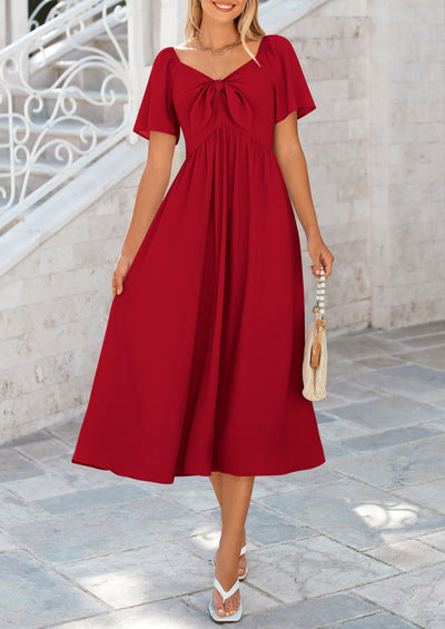 PRETTYGARDEN Summer Dress for Women Casual Short Sleeve Bow Tie V Neck Ruffle Midi Flowy Dresses