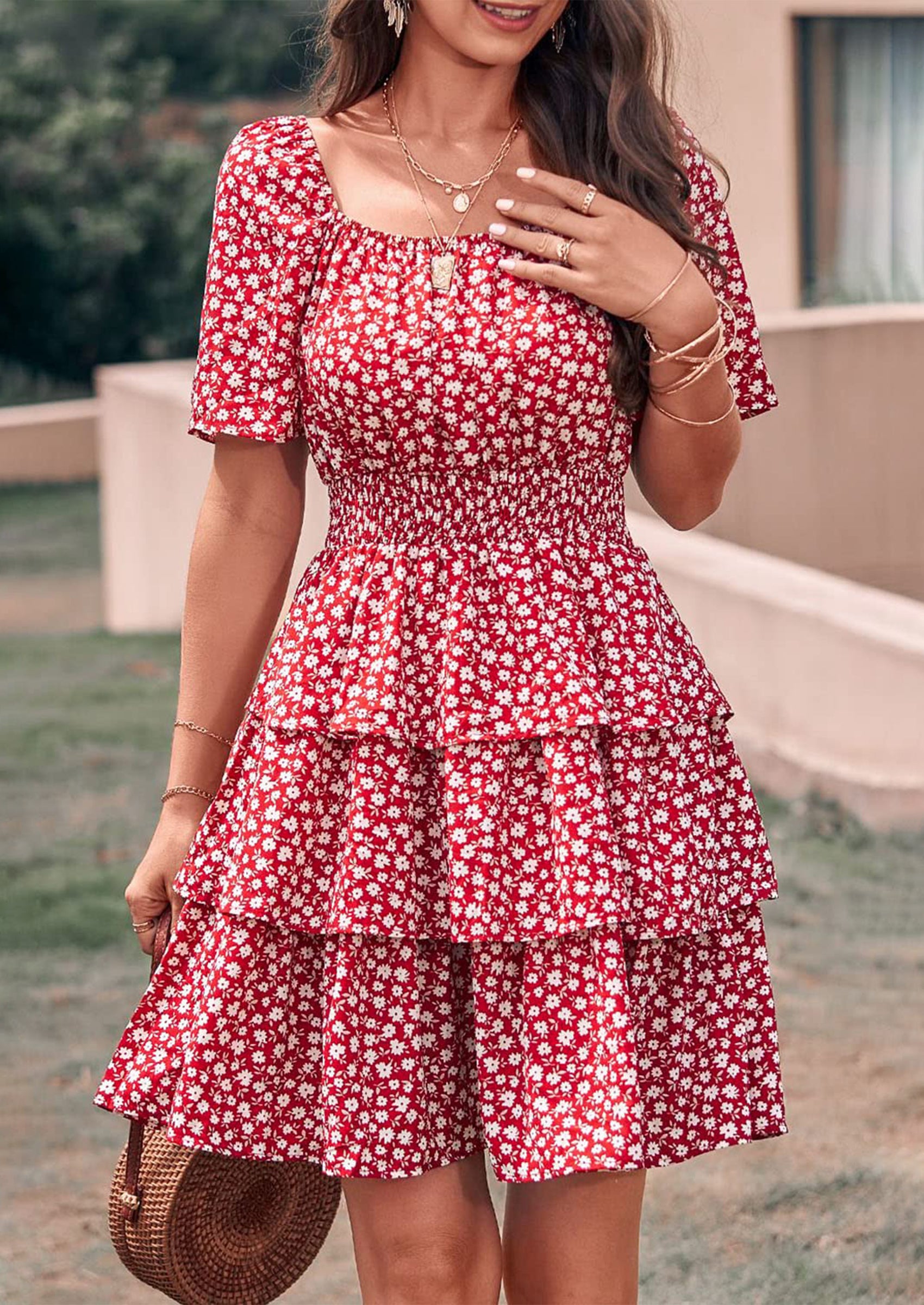 PRETTYGARDEN Women Floral Square Neck Short Sleeve Tiered Ruffle Boho Mini Dresses