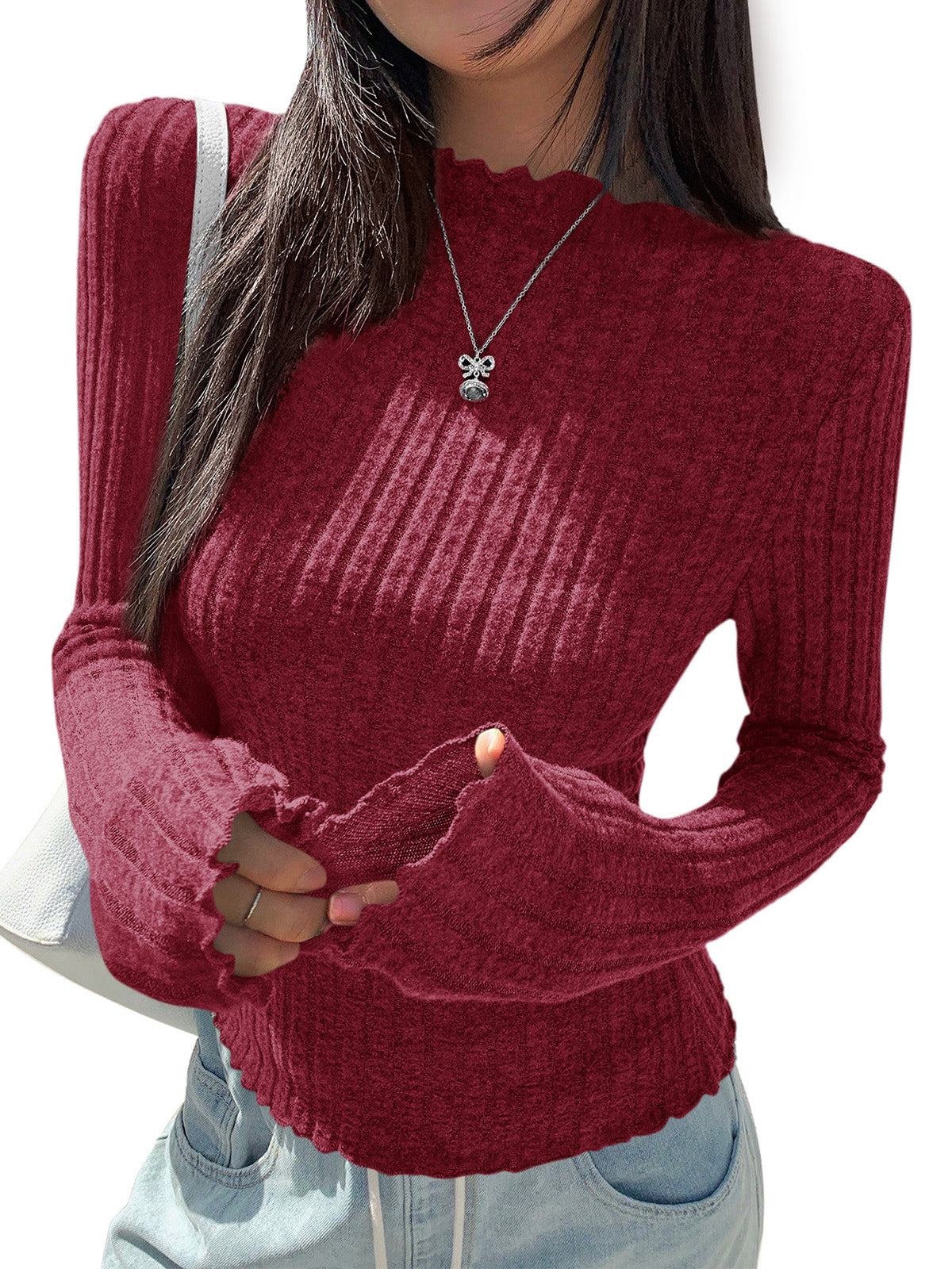 PRETTYGARDEN Womens Long Sleeve Shirts 2026 Fashion Lettuce Trim Mock Neck Slim Fit Fall Tops Casual Tee Shirt Y2k Outfits