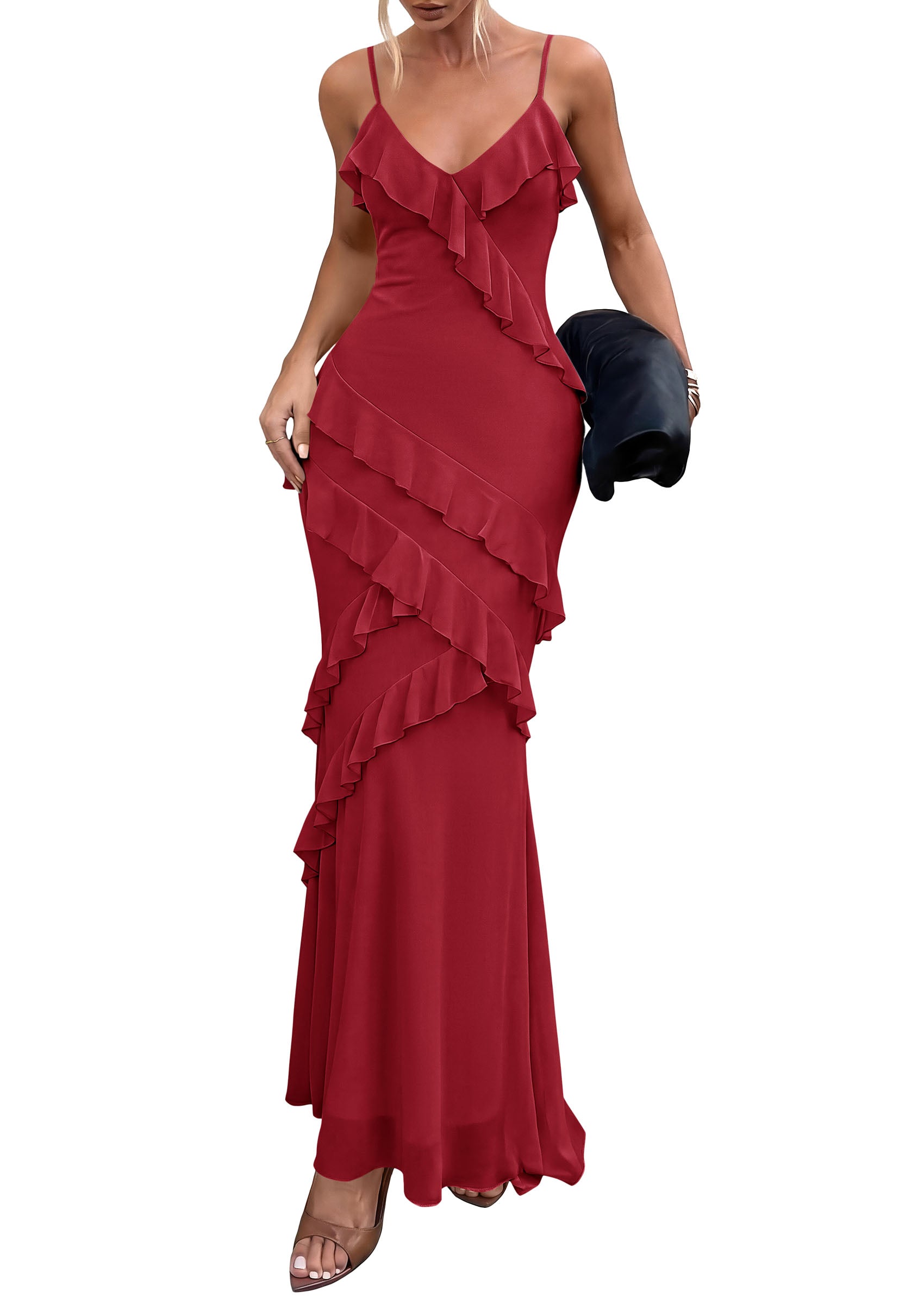 PRETTYGARDEN Women 2026 Wedding Guest Cocktail Maxi Dress Spaghetti Strap Sleeveless V Neck Bodycon Mesh Party Summer Outfits