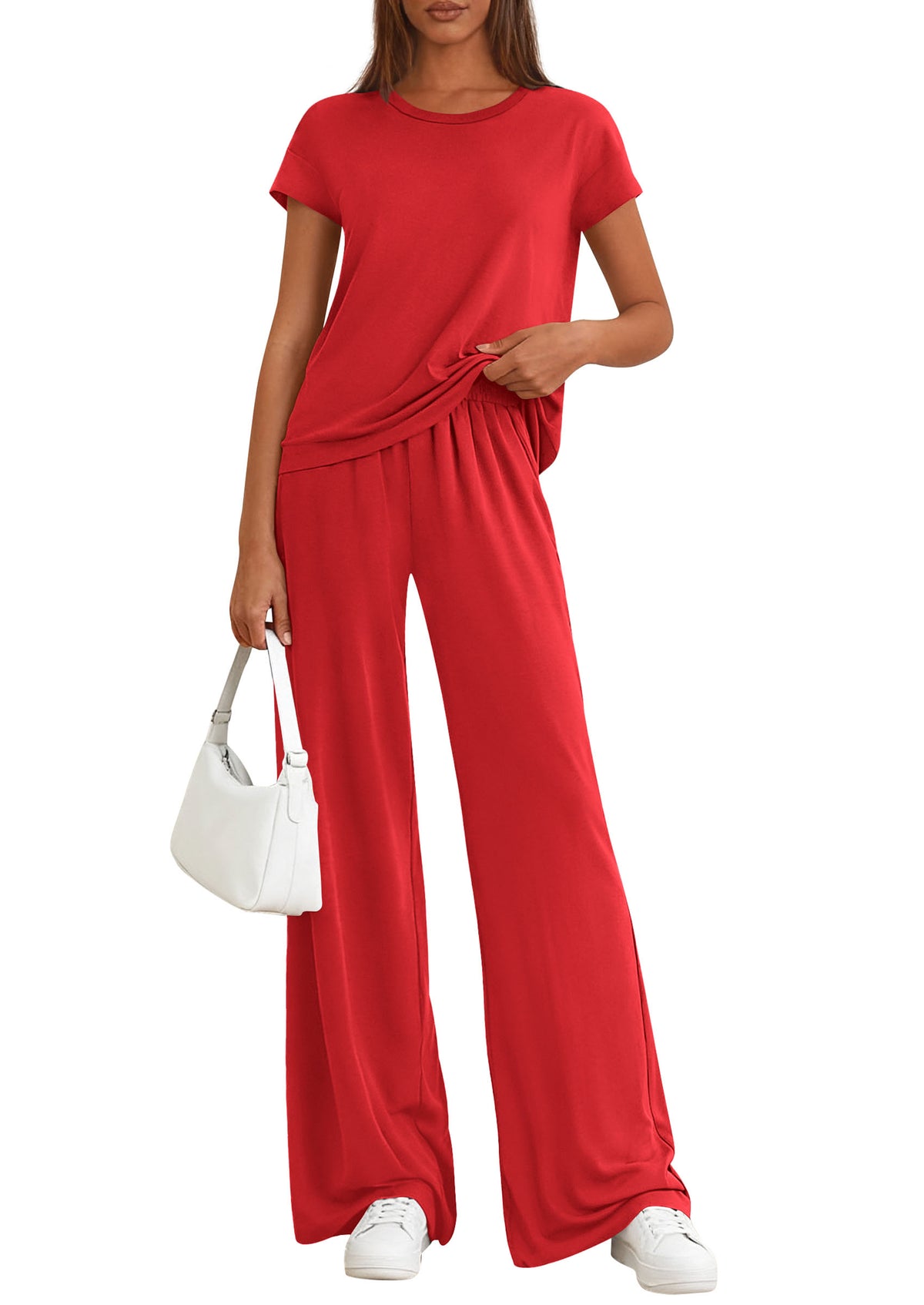 PRETTYGARDEN Women's 2026 Summer 2 Piece Matching Lounge Sets Short Sleeve Shirts Wide Leg Pants Travel Airport Outfits