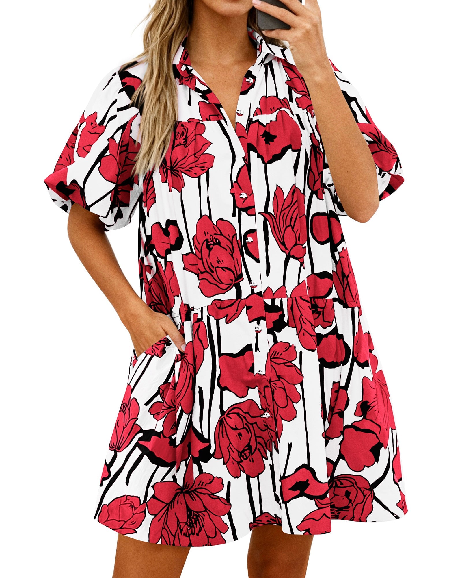 PRETTYGARDEN Womens Summer Dresses 2026 Casual Puff Sleeve Button Down Mini Shirt Dress Boho Floral Babydoll Sun Dress PRETTYGARDEN