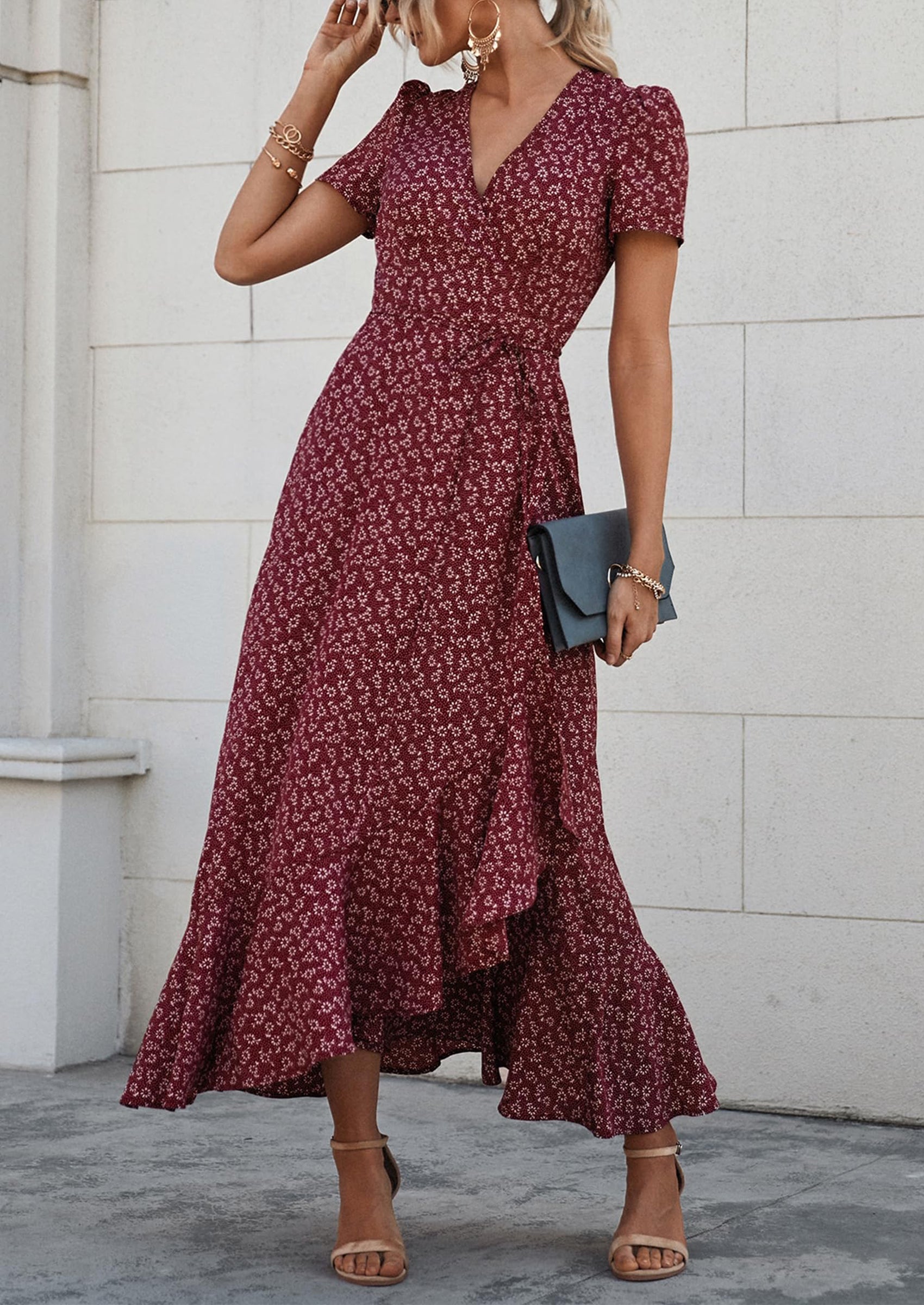 PRETTYGARDEN Women's Summer Maxi Dress Casual Wrap Floral Boho Short Sleeve V Neck Split Ruffle Beach Long Dresses