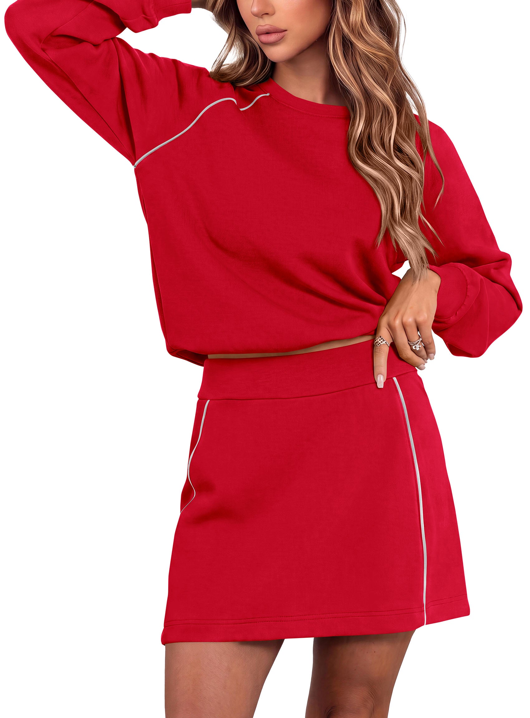 PRETTYGARDEN Women's Two Piece Outfits Matching Skirt Sets | Color Block Long Sleeve Top Sweatshirt, Mini Short Skirts, Elastic Waist Skorts Pocket, 2pc Workout Set, Fall Fashion Clothes