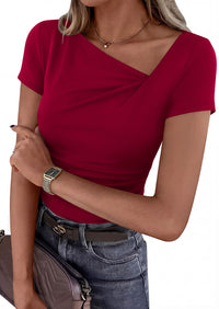 PRETTYGARDEN Women's 2026 Summer Asymmetrical Y2K Tops Trendy Ribbed Short Sleeve Fitted Tee Shirts Spring Fashion Clothing