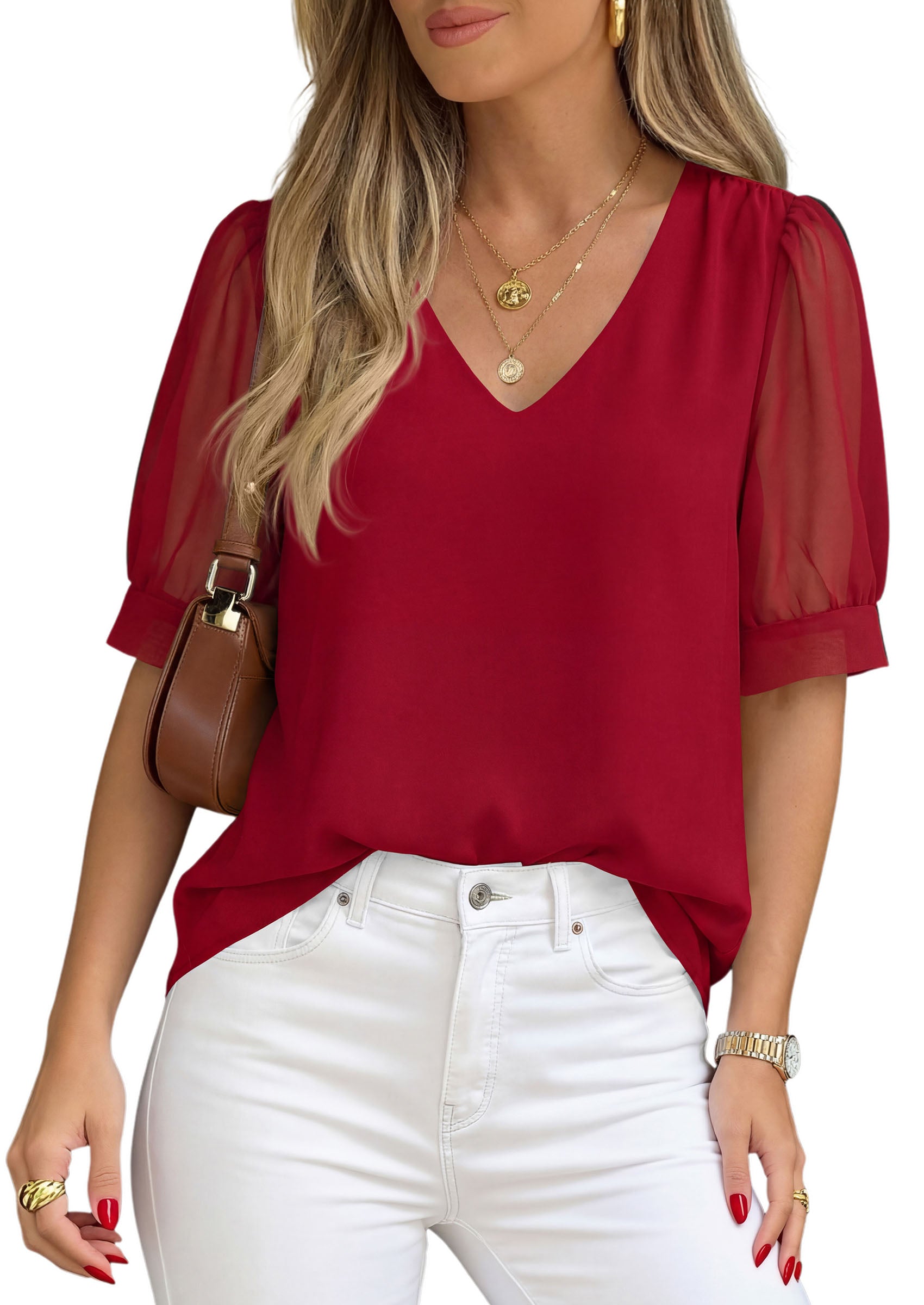 PRETTYGARDEN Womens Tops Dressy Casual Puff Sleeve Chiffon Blouses V Neck Business Work Shirts 2026 Summer Fashion Clothing