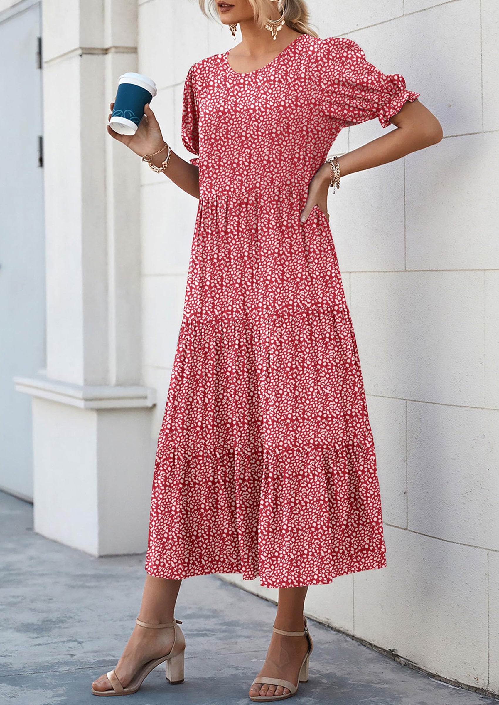 PRETTYGARDEN Women's Summer Casual Floral Boho Dress Puff Short Sleeve Ruffle Flowy Beach Party Midi Dresses