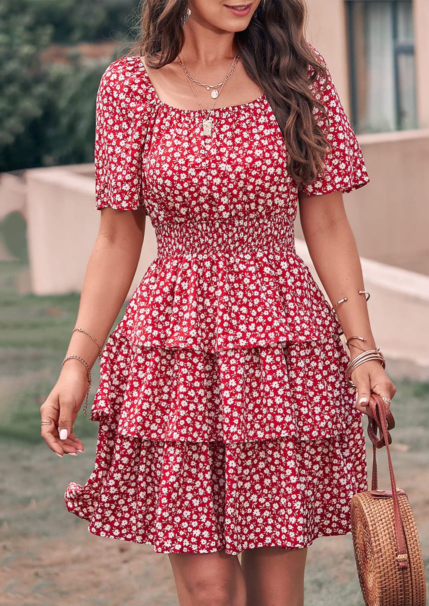 PRETTYGARDEN Women Floral Square Neck Short Sleeve Tiered Ruffle Boho Mini Dresses