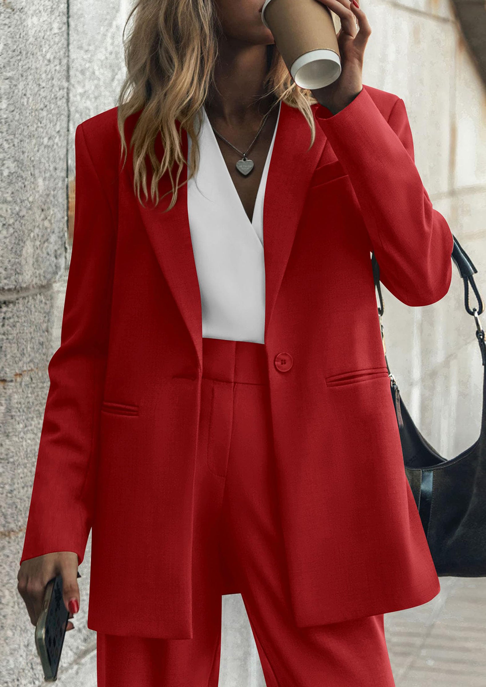 PRETTYGARDEN Women's Fall Two Piece Outfits Dressy Blazer Jacket and Wide Leg Pants Pockets Business Casual Office Suit Sets