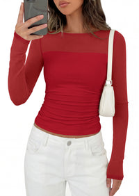 PRETTYGARDEN Women's 2026 Fall Long Sleeve T Shirts Sheer Mesh Boat Neck Ruched Fitted Going Out Summer Tops Fashion Clothing