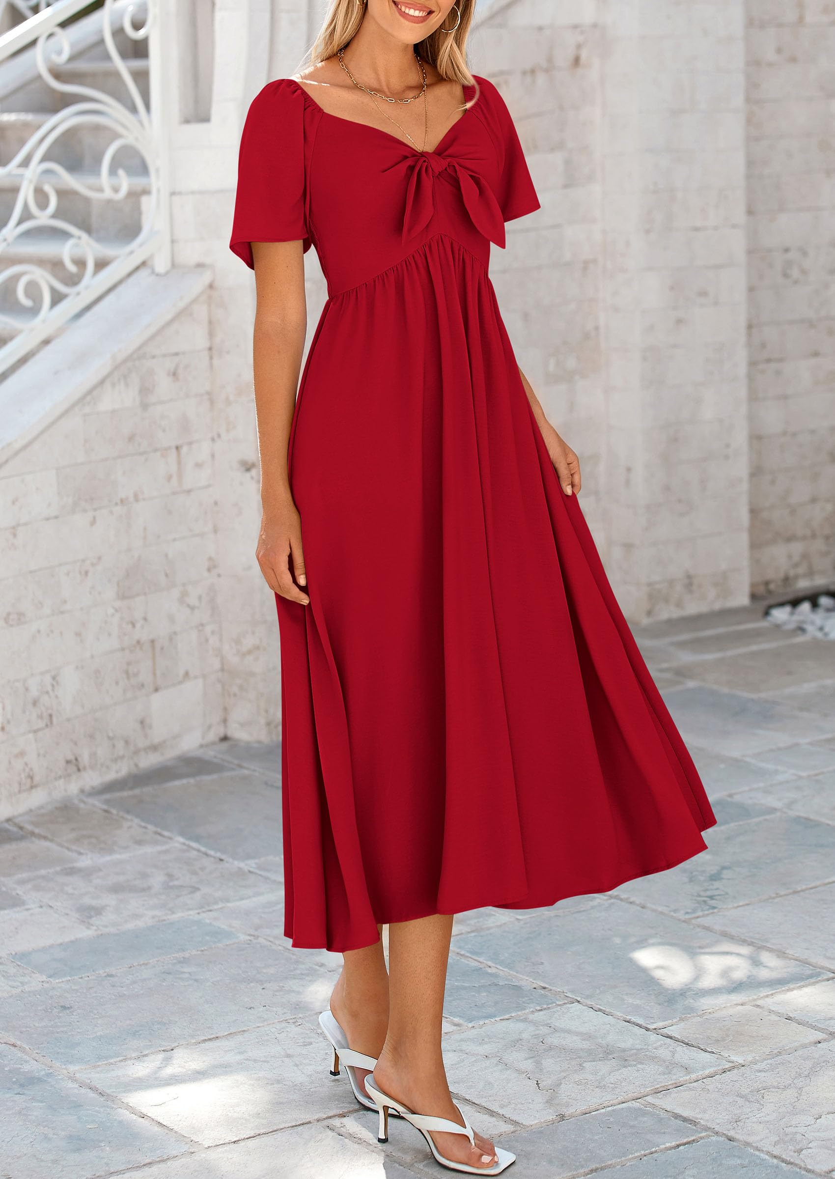 PRETTYGARDEN Summer Dress for Women Casual Short Sleeve Bow Tie V Neck Ruffle Midi Flowy Dresses