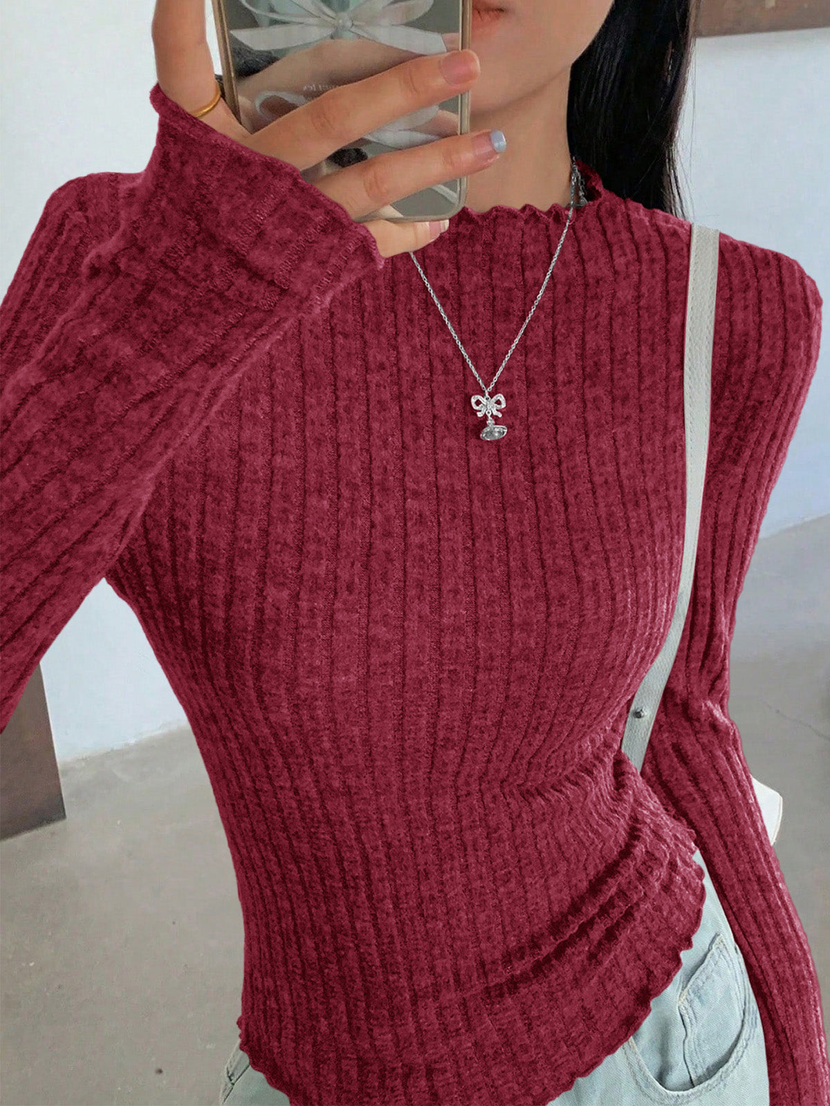 PRETTYGARDEN Womens Long Sleeve Shirts 2026 Fashion Lettuce Trim Mock Neck Slim Fit Fall Tops Casual Tee Shirt Y2k Outfits