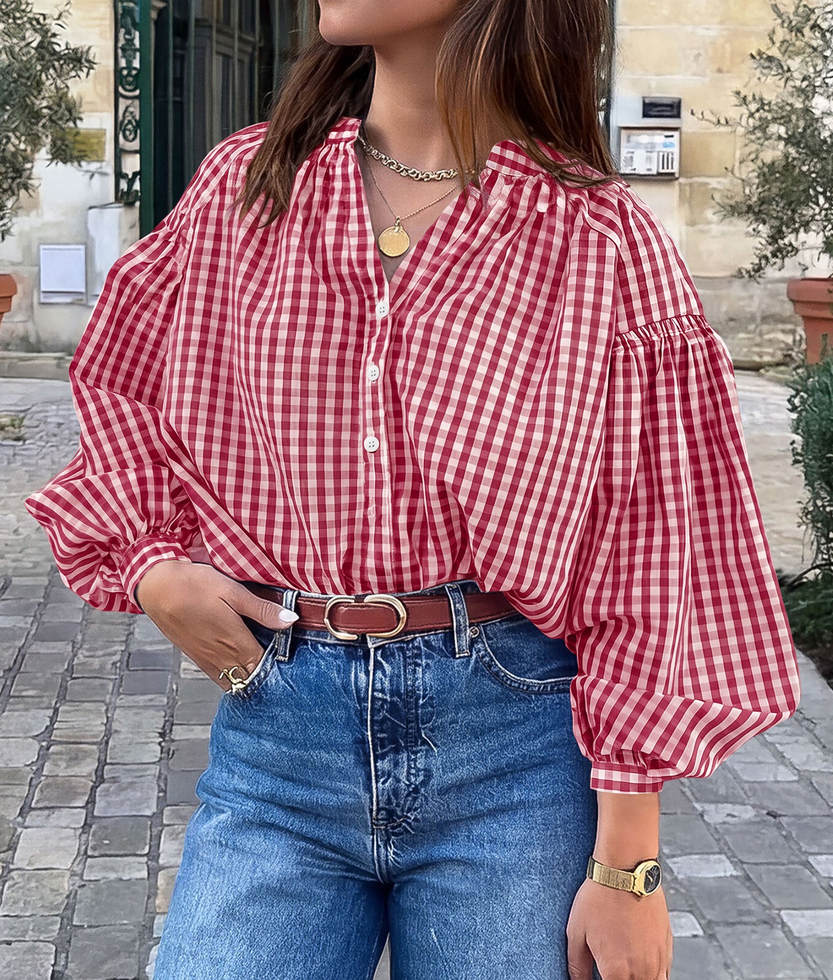 PRETTYGARDEN Women Fall Plaid Long Puff Sleeve Shirts V Neck Casual Blouses  Gingham Button Down Oversized, Pleated Drop Shoulder Cotton Tops, Dressy Casual, Work Vacation Travel, Fall Outfits Trendy