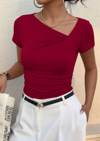 PRETTYGARDEN Women's 2026 Summer Asymmetrical Y2K Tops Trendy Ribbed Short Sleeve Fitted Tee Shirts Spring Fashion Clothing