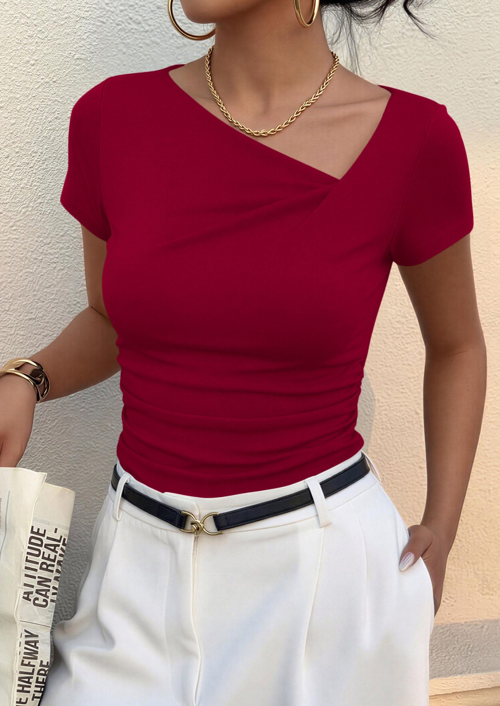 PRETTYGARDEN Women's 2026 Summer Asymmetrical Y2K Tops Trendy Ribbed Short Sleeve Fitted Tee Shirts Spring Fashion Clothing