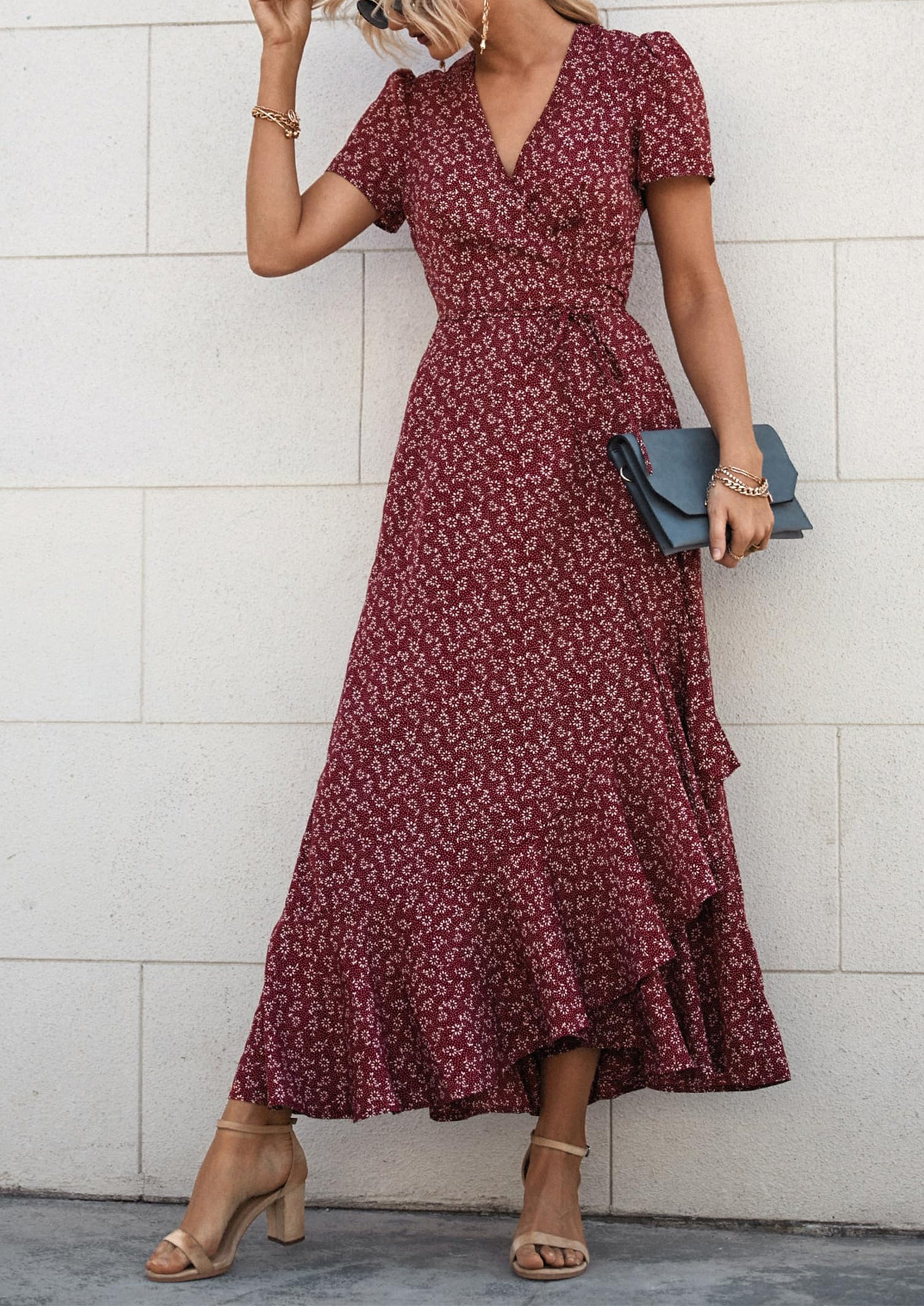 PRETTYGARDEN Women's Summer Maxi Dress Casual Wrap Floral Boho Short Sleeve V Neck Split Ruffle Beach Long Dresses