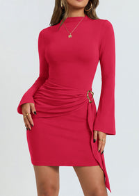 PRETTYGARDEN Women Long Sleeve Bodycon Ruched Mini Dress | Mock Neck Gold Buckle, Slim Fit, Weeding Guest Dress, Elegant Dressy Casual, Cocktail Party Date Night, Fall Winter Outfits