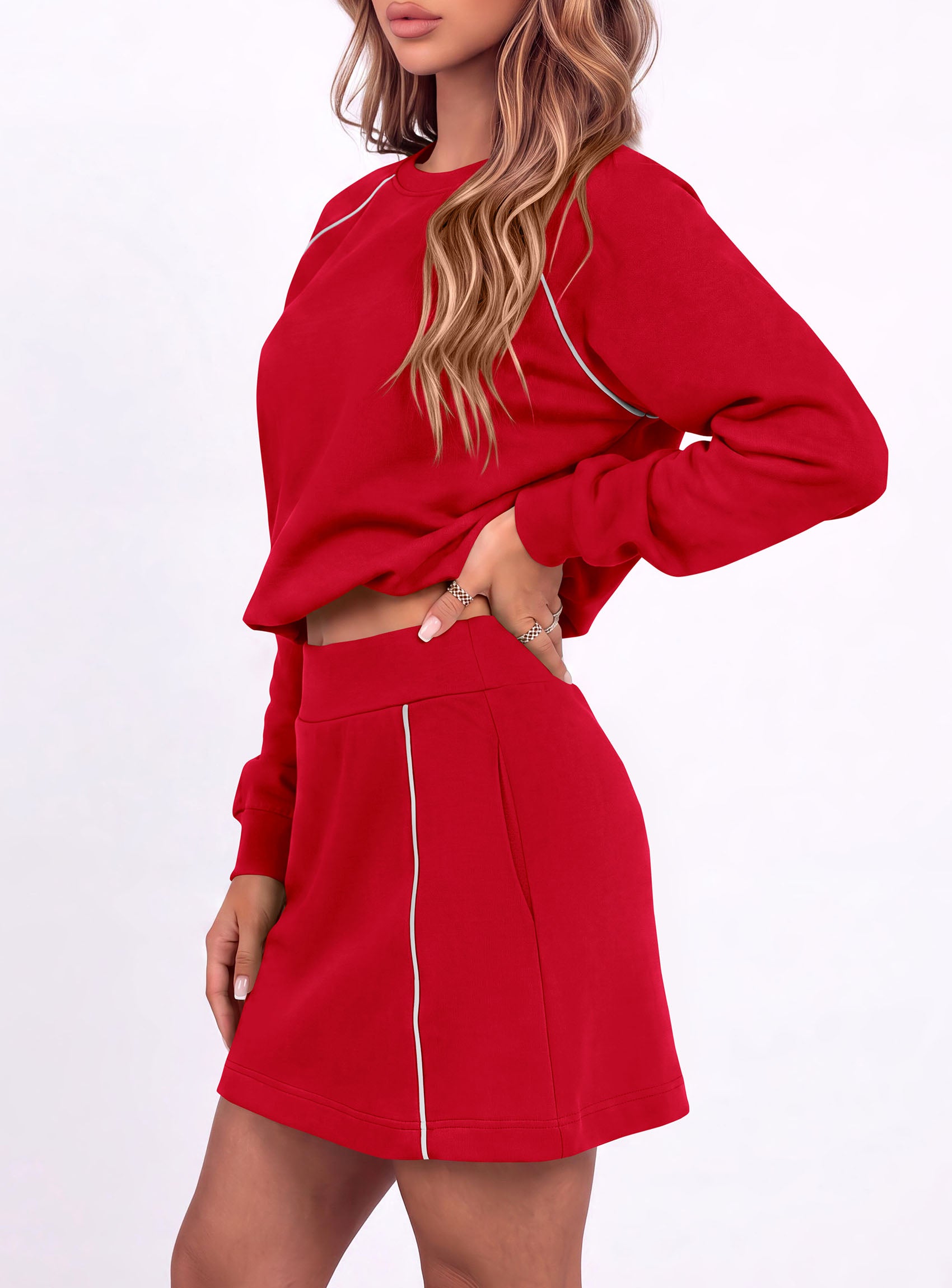 PRETTYGARDEN Women's Two Piece Outfits Matching Skirt Sets | Color Block Long Sleeve Top Sweatshirt, Mini Short Skirts, Elastic Waist Skorts Pocket, 2pc Workout Set, Fall Fashion Clothes