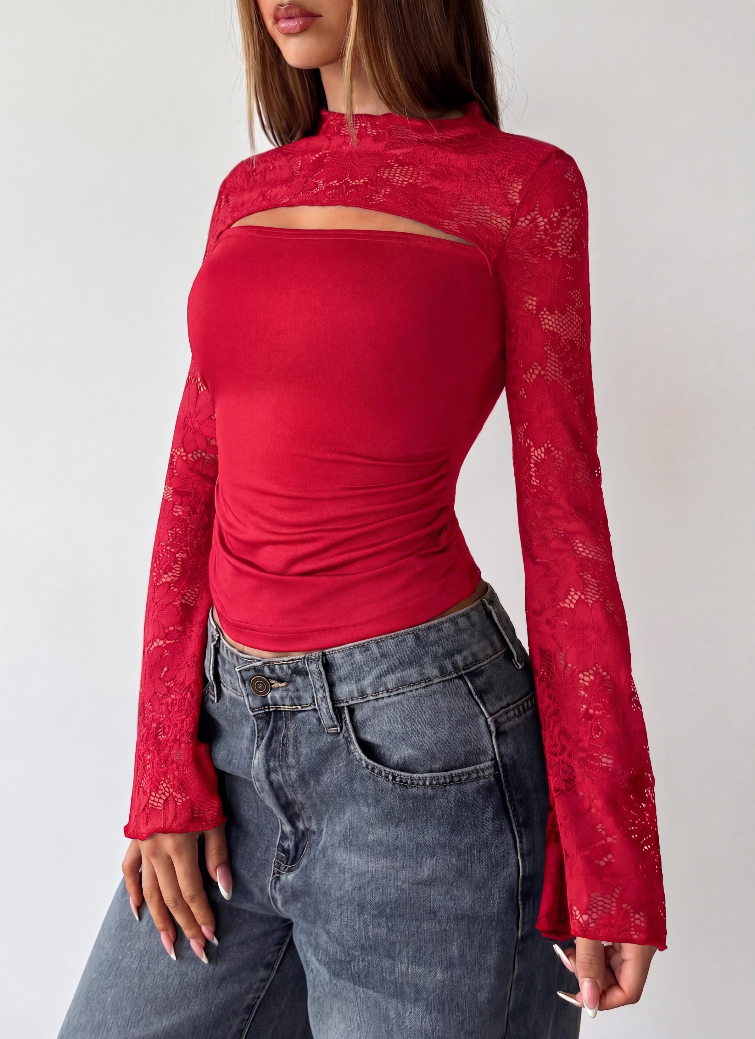 PRETTYGARDEN Womens Tops Fall Sexy Bell Long Sleeve Shirts Cut Out Fitted Y2k Lace Tshirt Ruched Going Out Crop Top 2026
