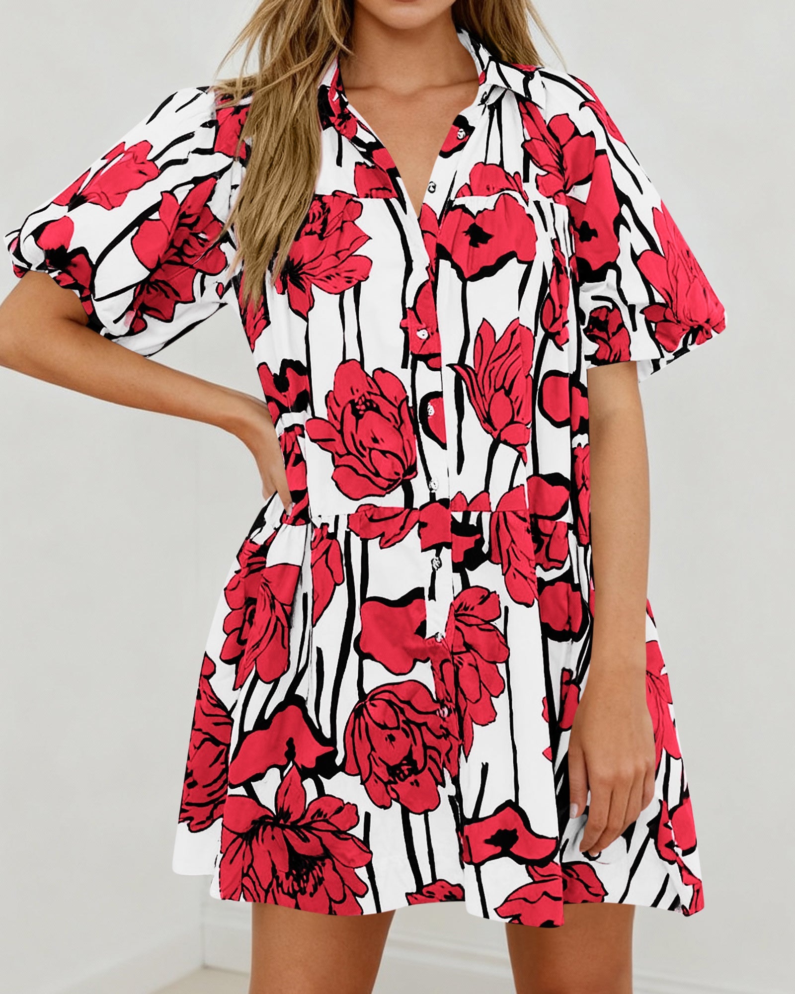 PRETTYGARDEN Womens Summer Dresses 2026 Casual Puff Sleeve Button Down Mini Shirt Dress Boho Floral Babydoll Sun Dress PRETTYGARDEN