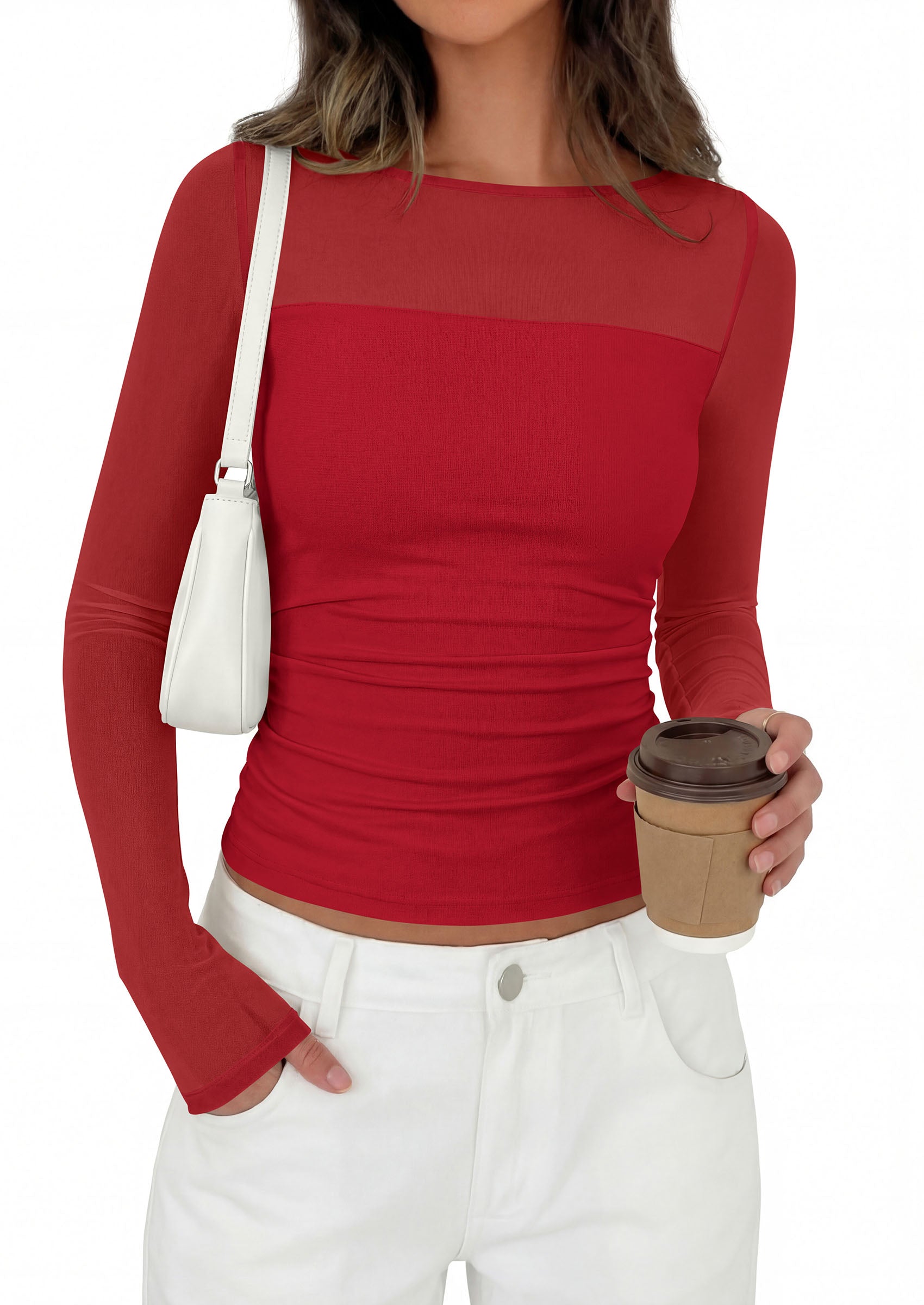 PRETTYGARDEN Women's 2026 Fall Long Sleeve T Shirts Sheer Mesh Boat Neck Ruched Fitted Going Out Summer Tops Fashion Clothing