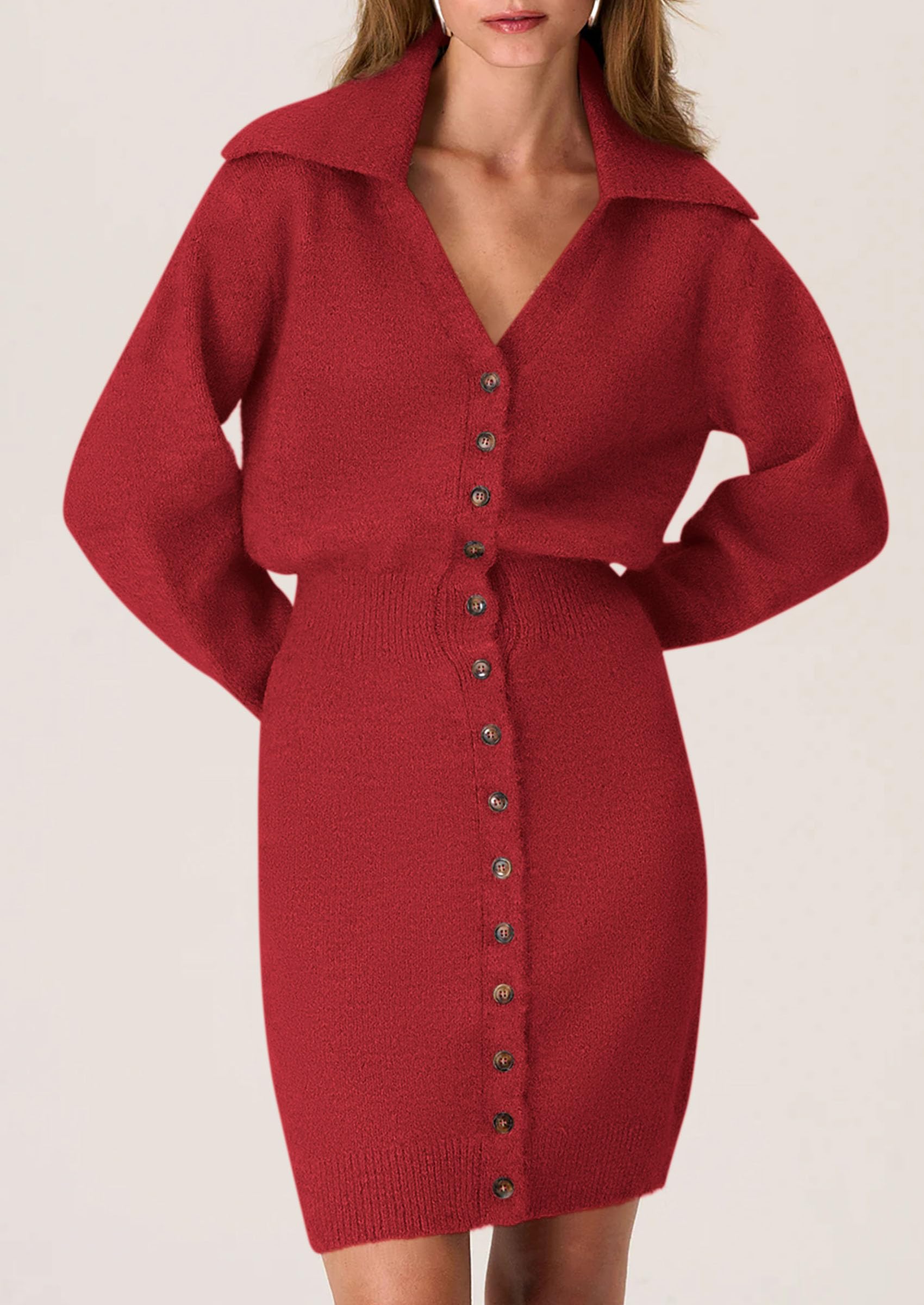 PRETTYGARDEN Sweater Dresses for Women Trendy Long Sleeve Button Down Short Spring Dress