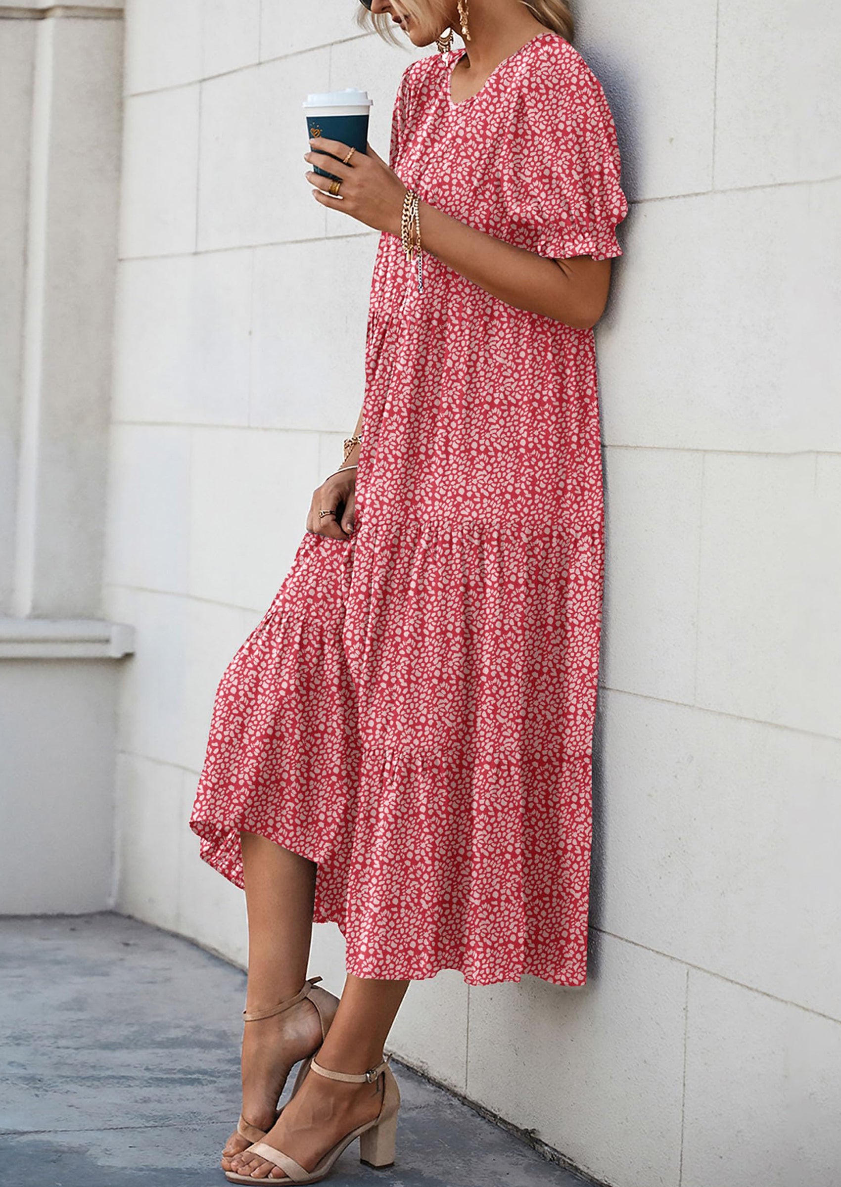 PRETTYGARDEN Women's Summer Casual Floral Boho Dress Puff Short Sleeve Ruffle Flowy Beach Party Midi Dresses