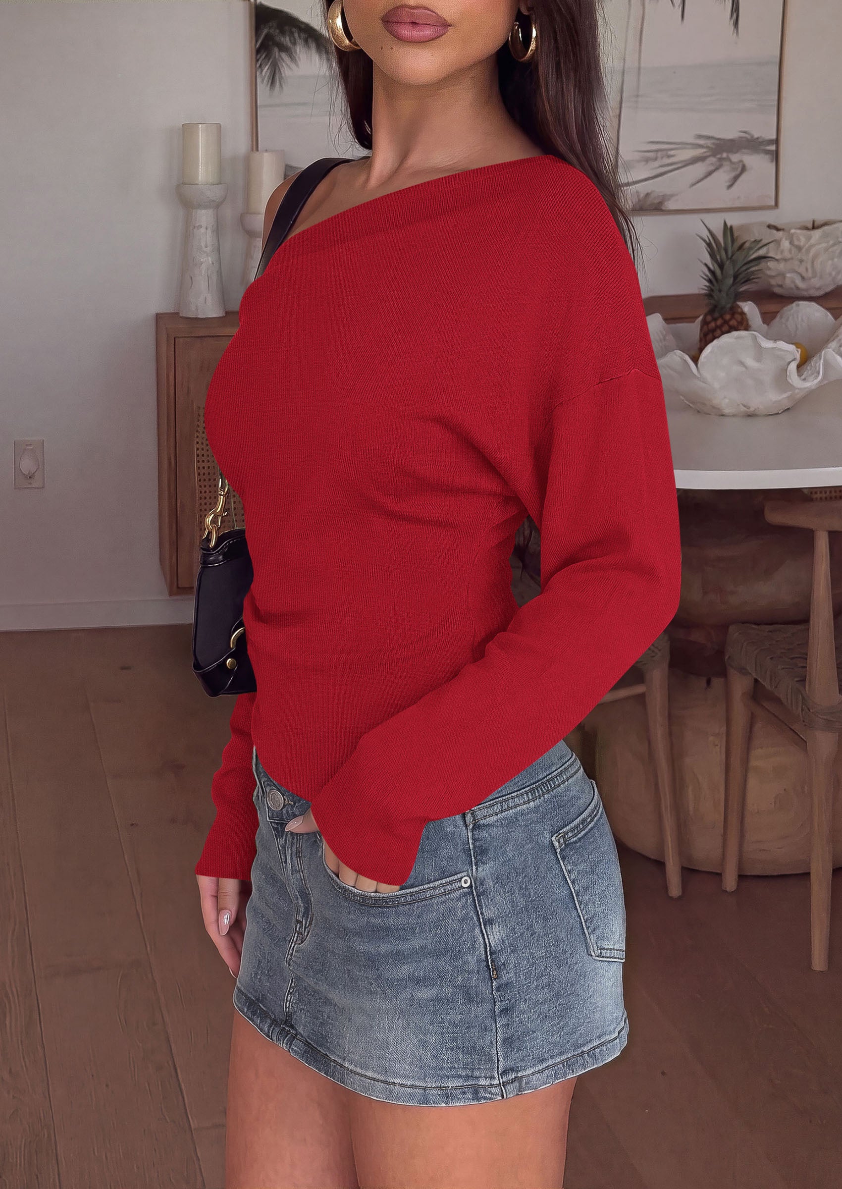 PRETTYGARDEN Womens Fall Long Sleeve Off Shoulder Sweater  Soft Knit Fabric, Fashion Batwing Sleeve, Chic Asymmetrical Hem, Casual Going Out Sweater, 2026 Trendy Winter Clothes