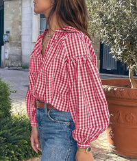 PRETTYGARDEN Women Fall Plaid Long Puff Sleeve Shirts V Neck Casual Blouses  Gingham Button Down Oversized, Pleated Drop Shoulder Cotton Tops, Dressy Casual, Work Vacation Travel, Fall Outfits Trendy