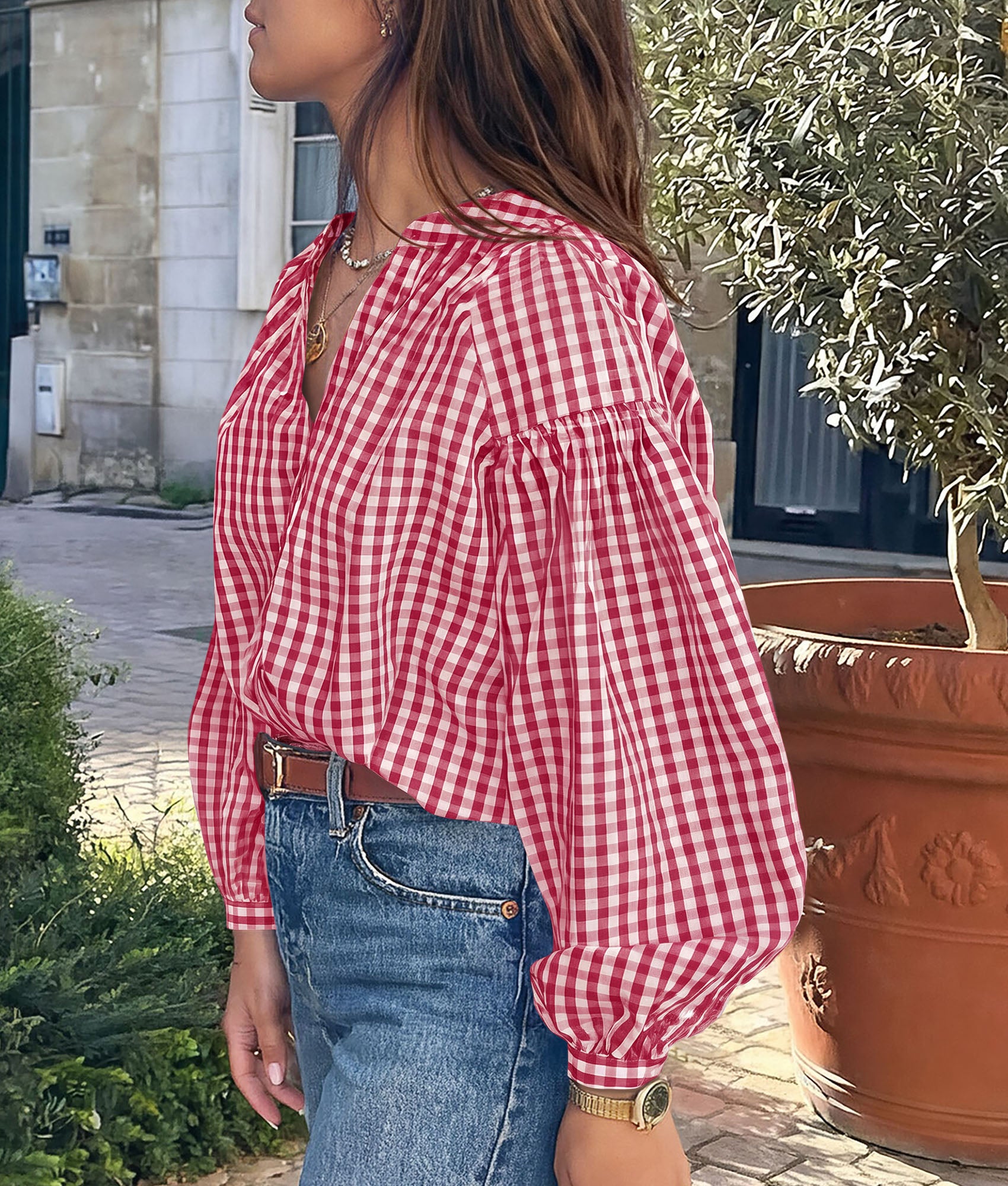 PRETTYGARDEN Women Fall Plaid Long Puff Sleeve Shirts V Neck Casual Blouses  Gingham Button Down Oversized, Pleated Drop Shoulder Cotton Tops, Dressy Casual, Work Vacation Travel, Fall Outfits Trendy