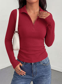 PRETTYGARDEN Women's Fall Quarter Zip Long Sleeve Shirts | Soft Stretchy Ribbed Knit, Collared Zipper Slim Fitted, Raglan Sleeves Pullover, Dressy Casual Tops, Trendy Going Out Outfits