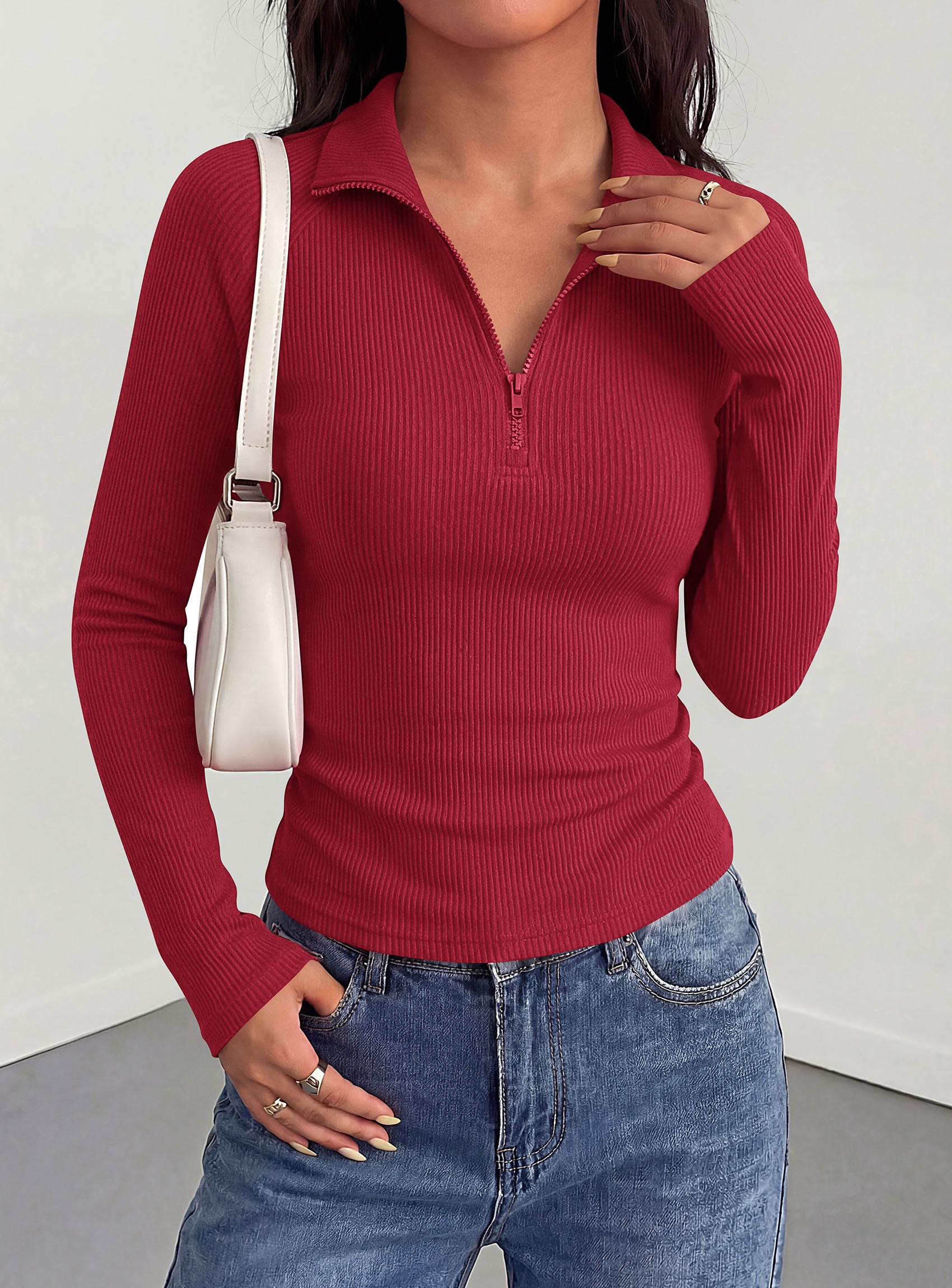 PRETTYGARDEN Women's Fall Quarter Zip Long Sleeve Shirts | Soft Stretchy Ribbed Knit, Collared Zipper Slim Fitted, Raglan Sleeves Pullover, Dressy Casual Tops, Trendy Going Out Outfits