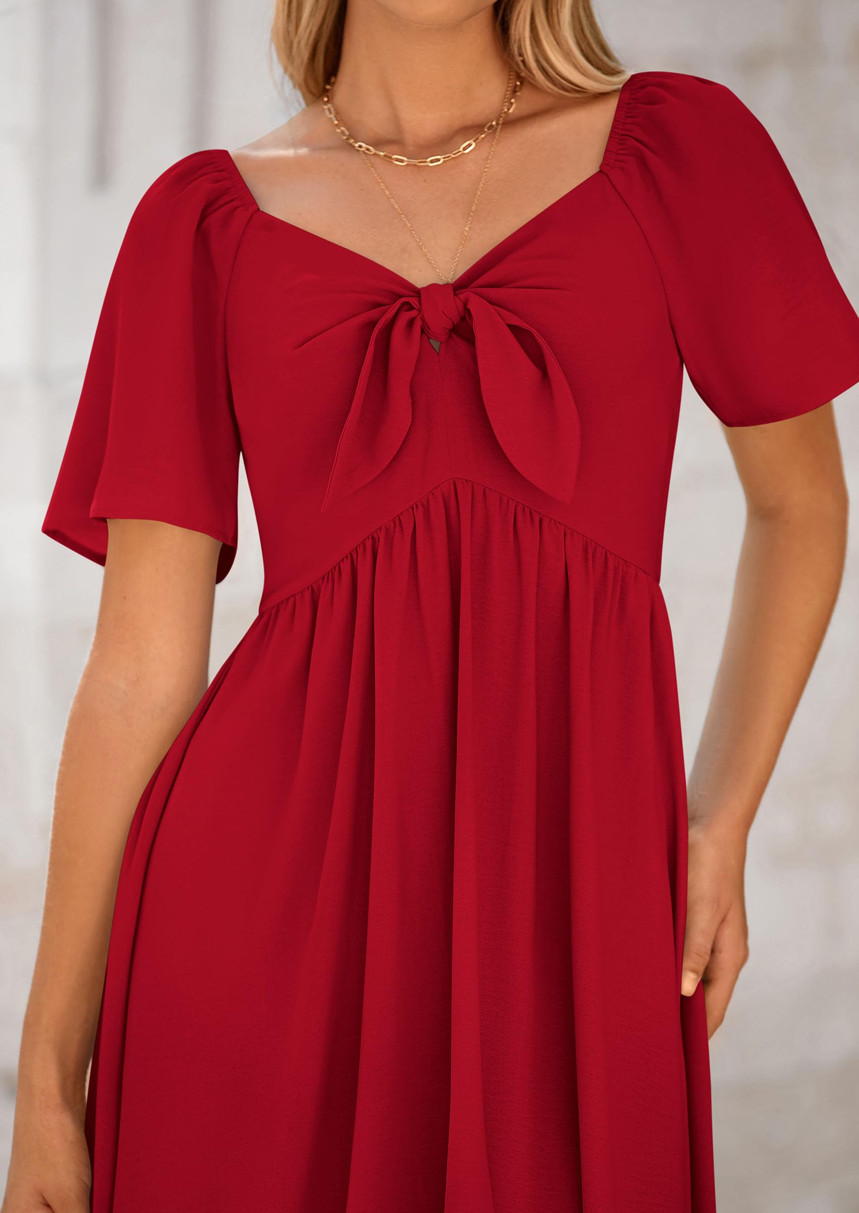 PRETTYGARDEN Summer Dress for Women Casual Short Sleeve Bow Tie V Neck Ruffle Midi Flowy Dresses