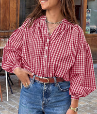 PRETTYGARDEN Women Fall Plaid Long Puff Sleeve Shirts V Neck Casual Blouses  Gingham Button Down Oversized, Pleated Drop Shoulder Cotton Tops, Dressy Casual, Work Vacation Travel, Fall Outfits Trendy