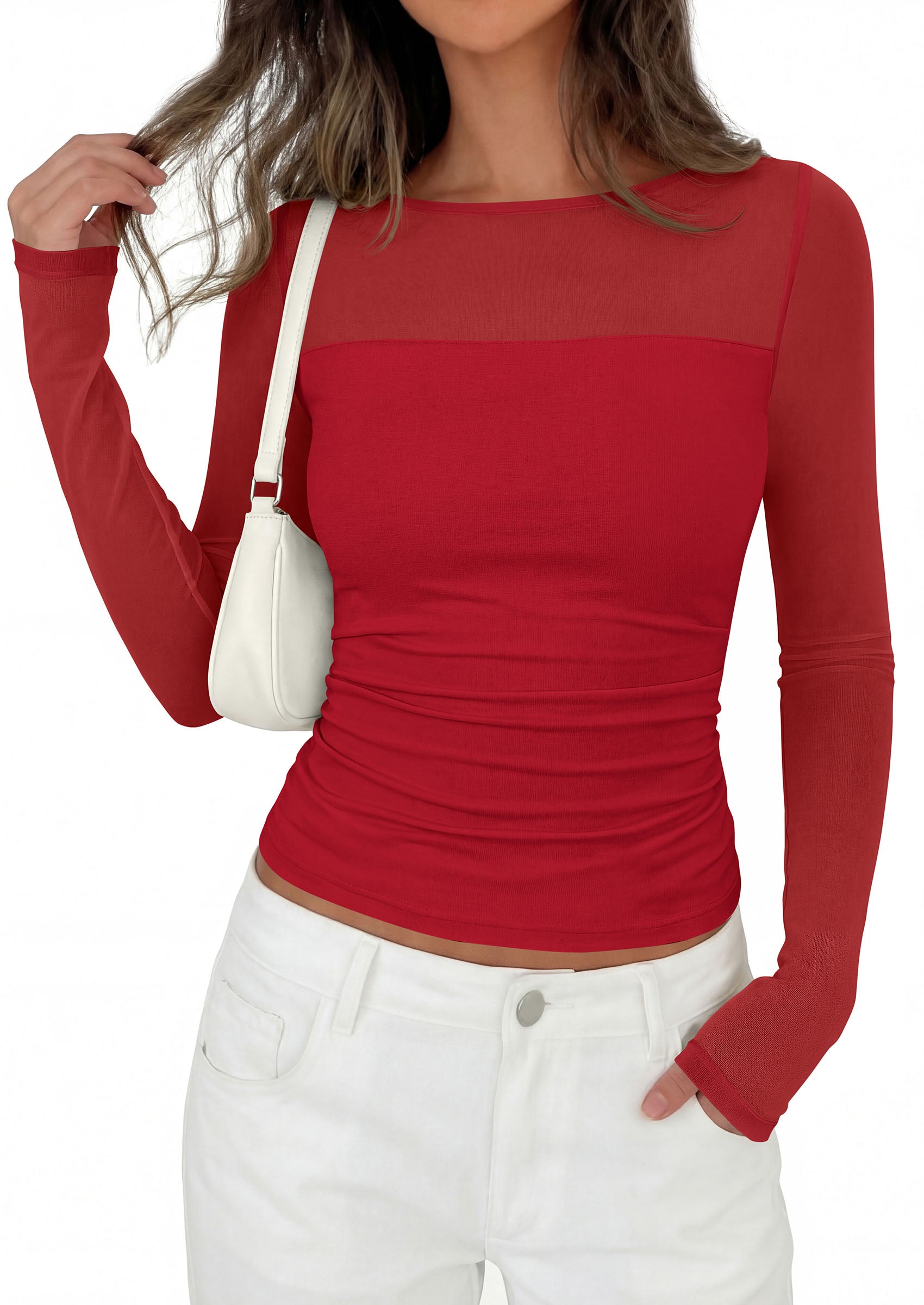 PRETTYGARDEN Women's 2026 Fall Long Sleeve T Shirts Sheer Mesh Boat Neck Ruched Fitted Going Out Summer Tops Fashion Clothing