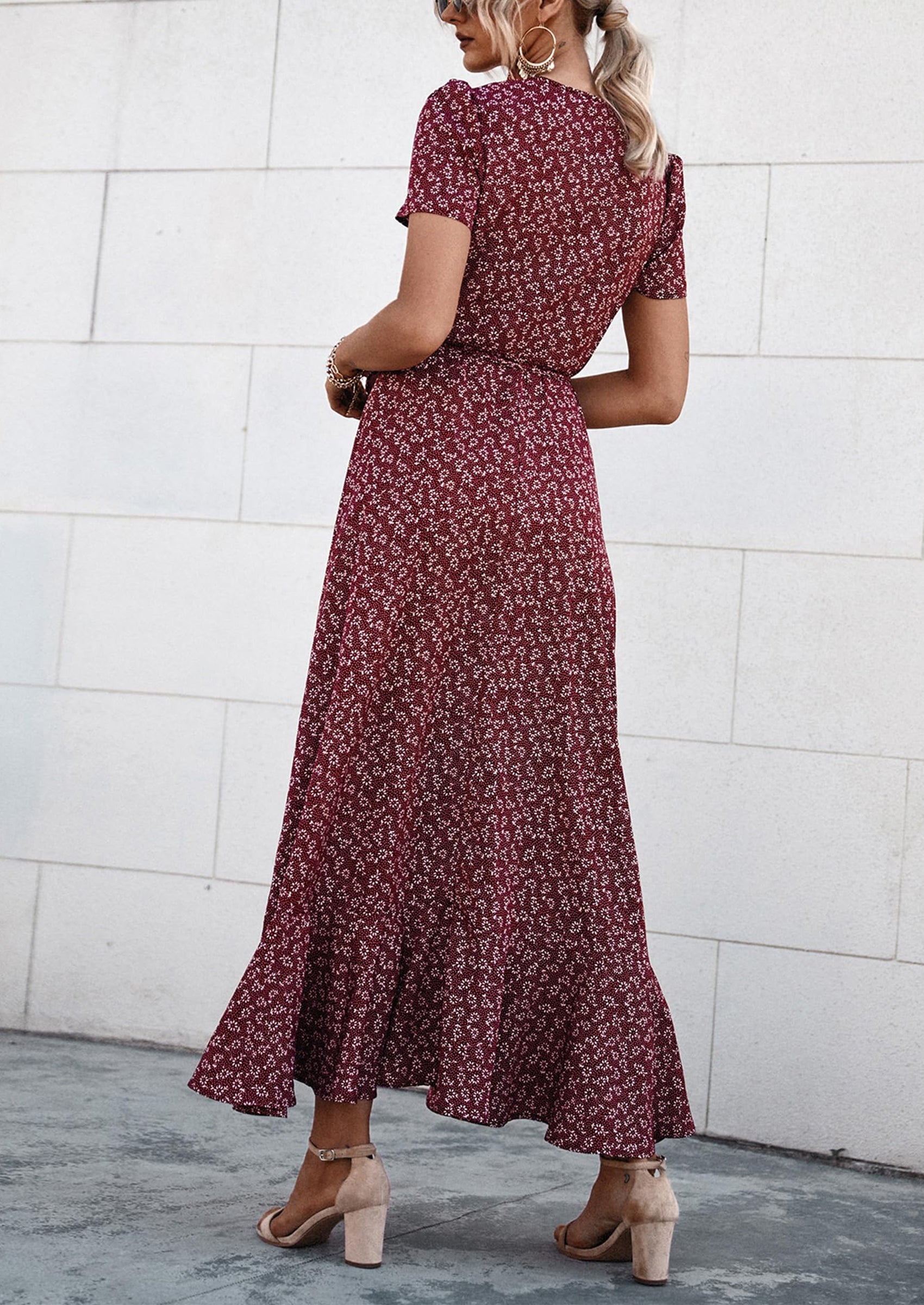 PRETTYGARDEN Women's Summer Maxi Dress Casual Wrap Floral Boho Short Sleeve V Neck Split Ruffle Beach Long Dresses