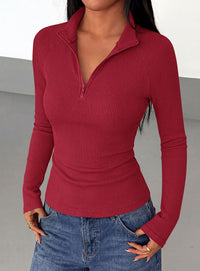 PRETTYGARDEN Women's Fall Quarter Zip Long Sleeve Shirts | Soft Stretchy Ribbed Knit, Collared Zipper Slim Fitted, Raglan Sleeves Pullover, Dressy Casual Tops, Trendy Going Out Outfits