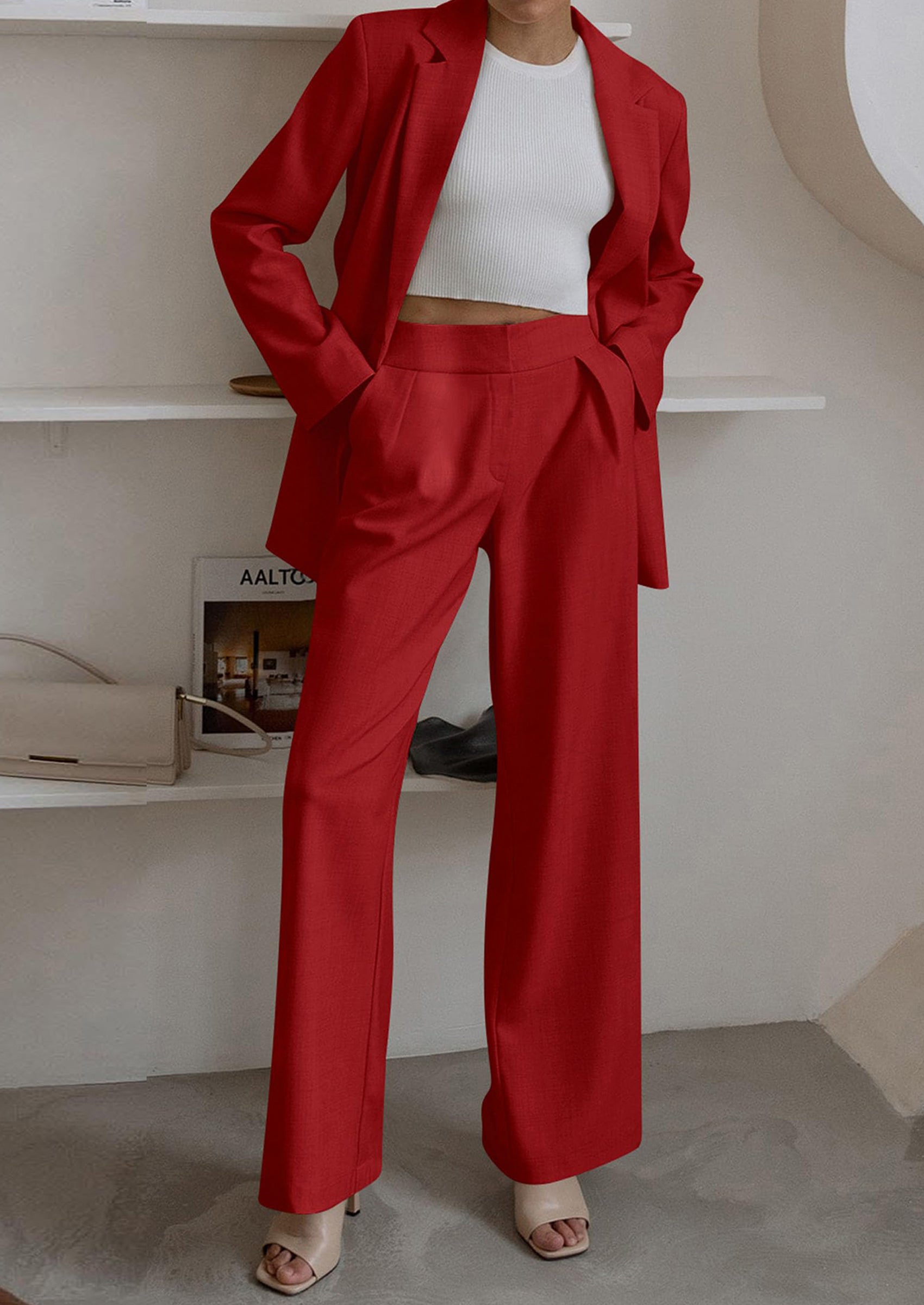 PRETTYGARDEN Women's Fall Two Piece Outfits Dressy Blazer Jacket and Wide Leg Pants Pockets Business Casual Office Suit Sets