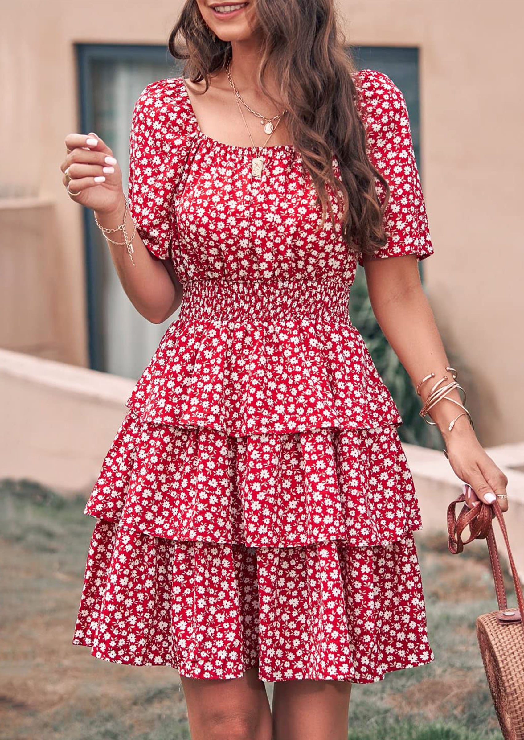 PRETTYGARDEN Women Floral Square Neck Short Sleeve Tiered Ruffle Boho Mini Dresses