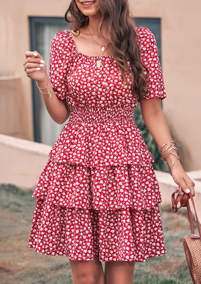 PRETTYGARDEN Women Floral Square Neck Short Sleeve Tiered Ruffle Boho Mini Dresses