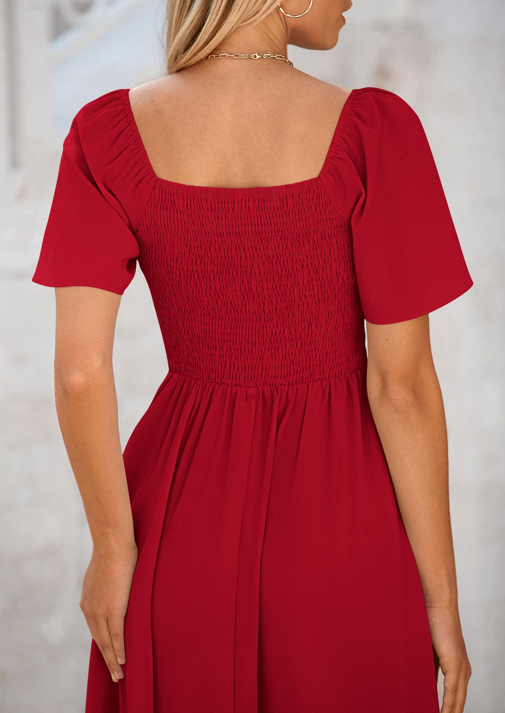 PRETTYGARDEN Summer Dress for Women Casual Short Sleeve Bow Tie V Neck Ruffle Midi Flowy Dresses