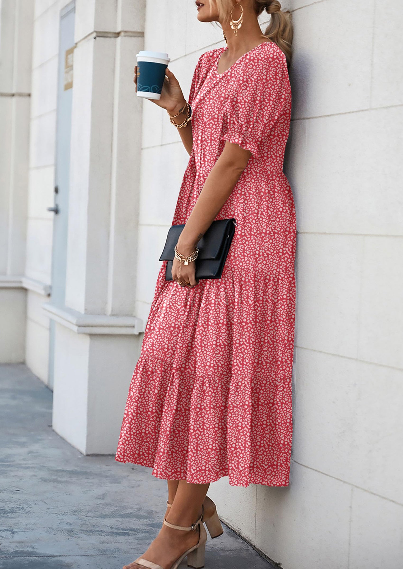 PRETTYGARDEN Women's Summer Casual Floral Boho Dress Puff Short Sleeve Ruffle Flowy Beach Party Midi Dresses